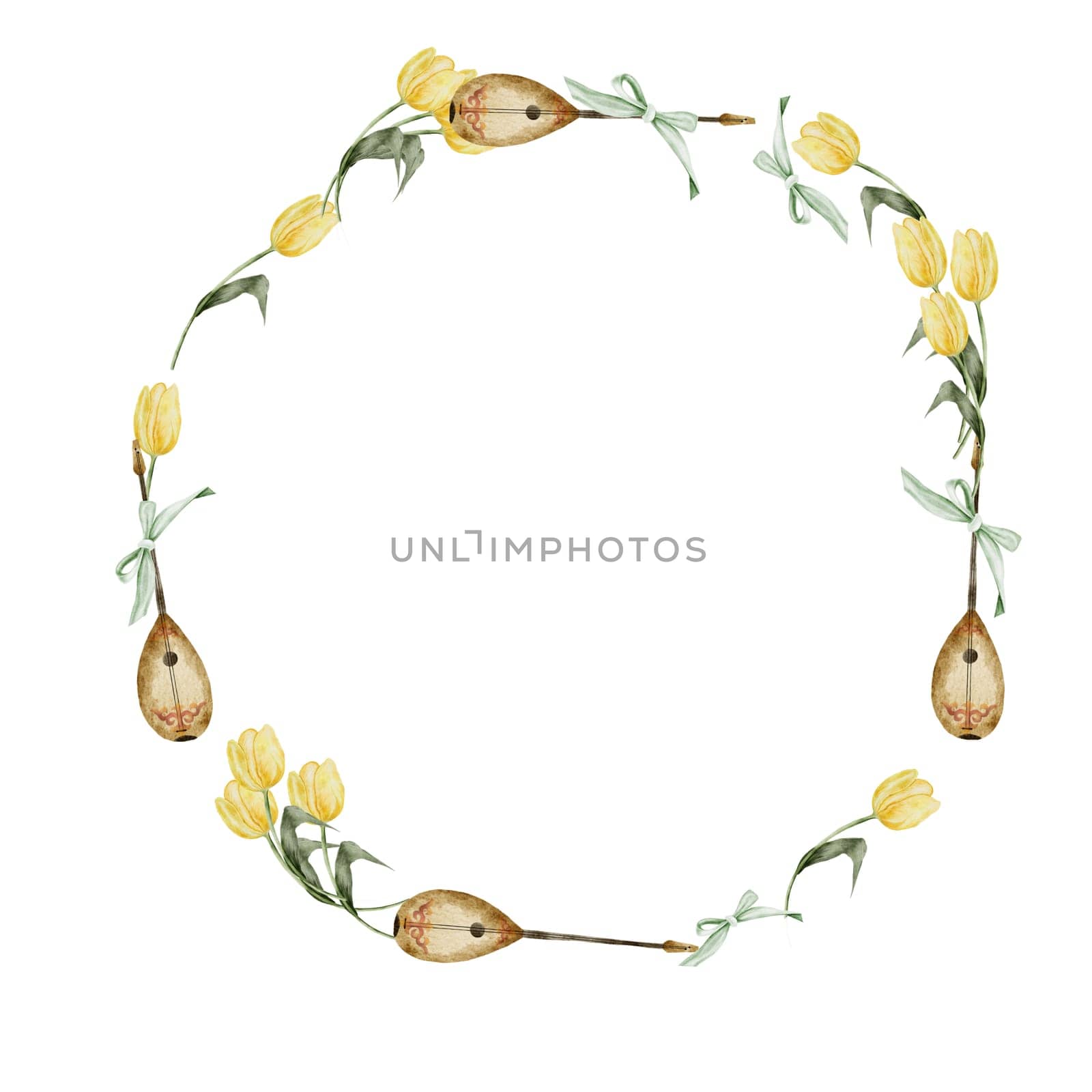 Nauryz kazakh watercolor frame. Composition of a round frame of yellow tulips and dombra. Hand drawn festive elements of the Kazakh holiday Navruz. Ideal for cards and banners for March 22. High quality illustration