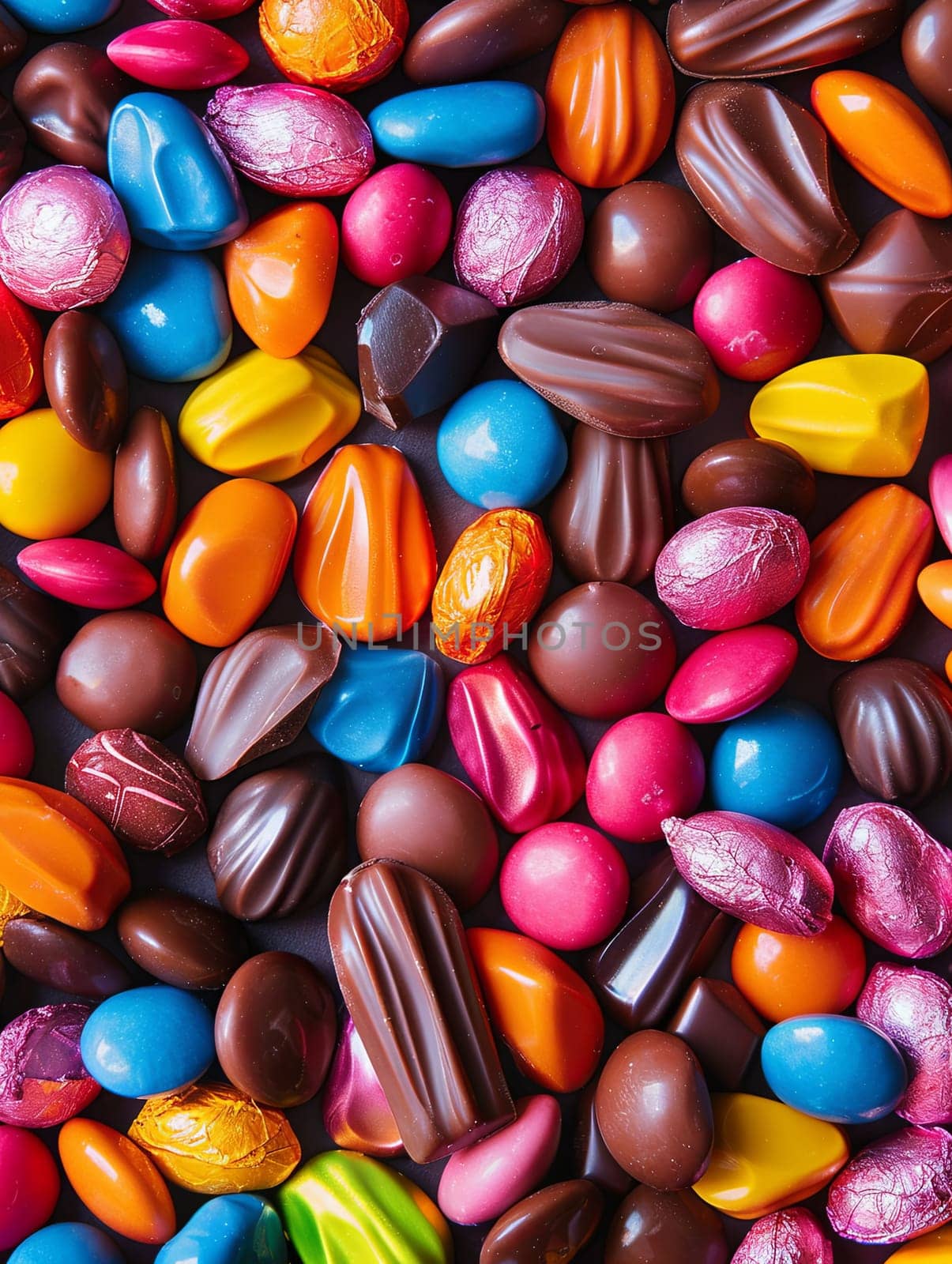 Vibrant close-up of assorted colorful chocolate candies piled together with shiny wrappers, high detail.