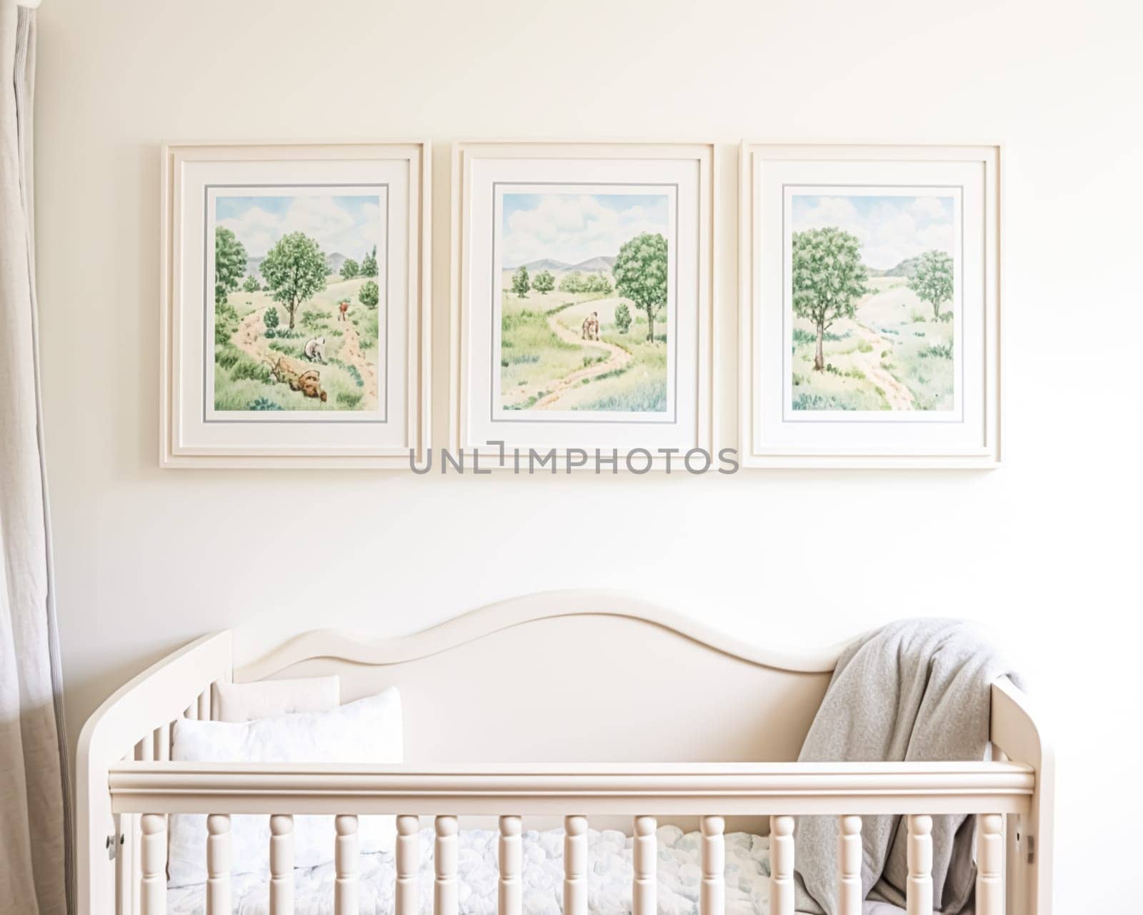 Nursery gallery wall, home decor and wall art, framed art in the English country cottage interior, room for diy printable artwork mockup and print shop idea