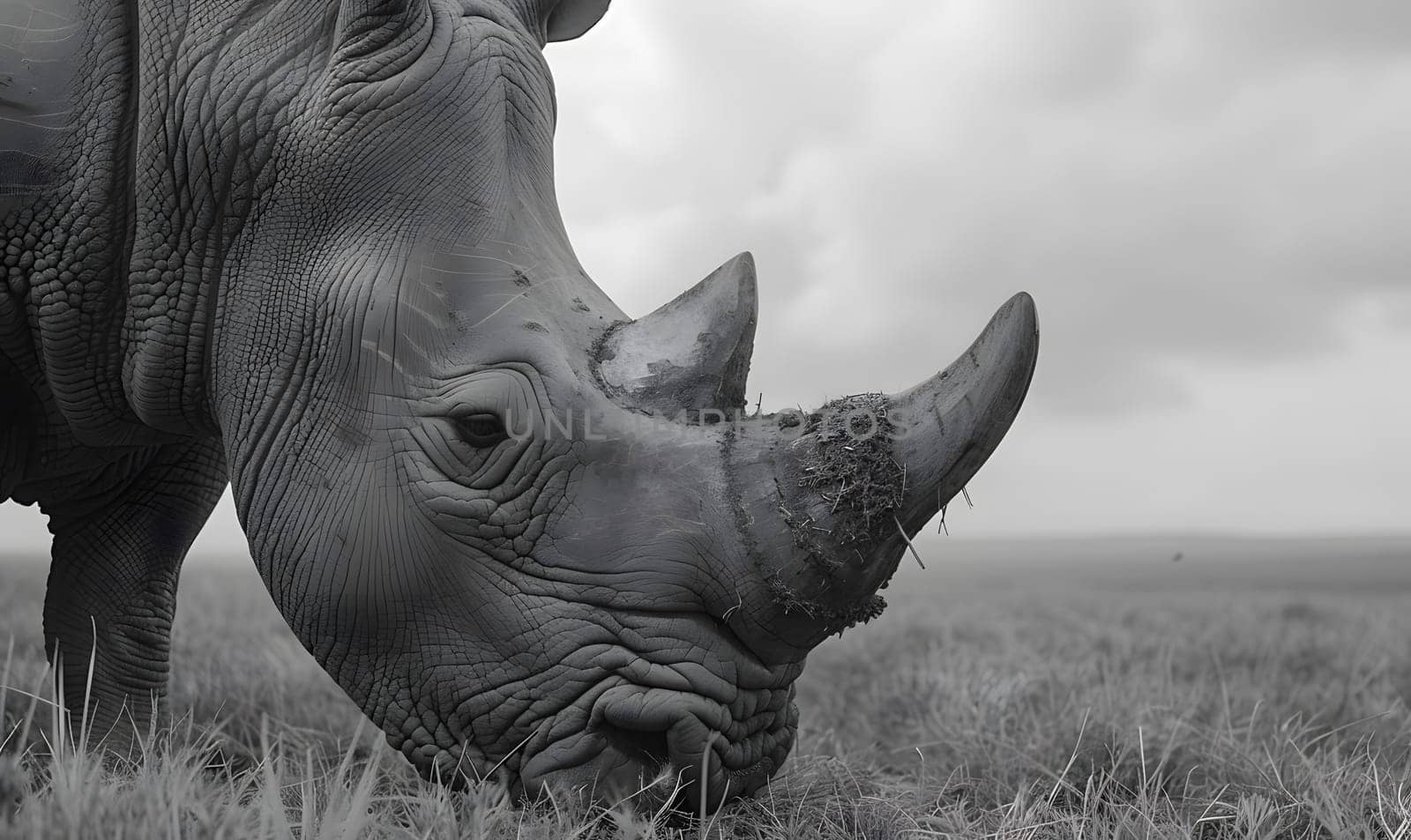 Black and white photo of a Rhinoceros grazing in a field by Nadtochiy