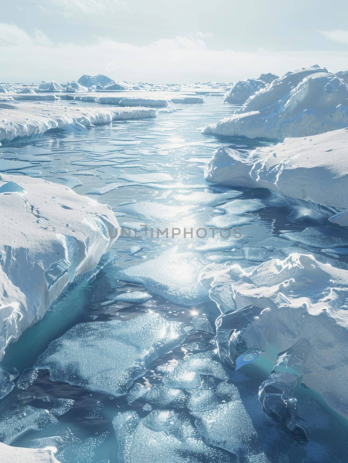 A vast expanse of water surrounded by ice, showcasing the cold and icy environment of the Arctic.