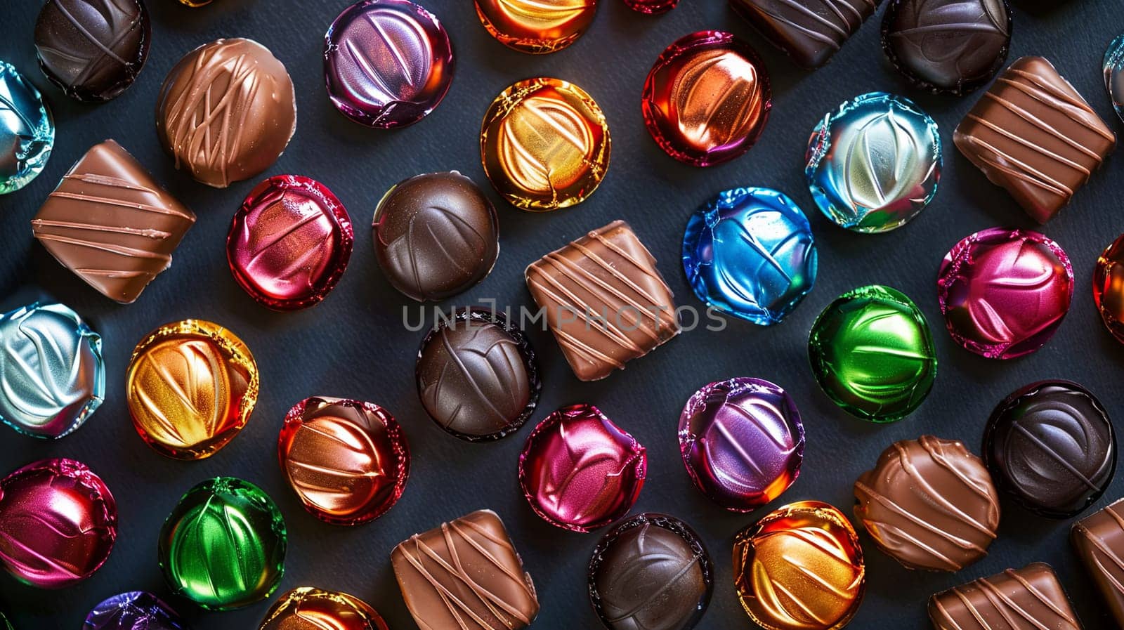 Various types of colorful chocolates in shiny wrappers spread out on a table.