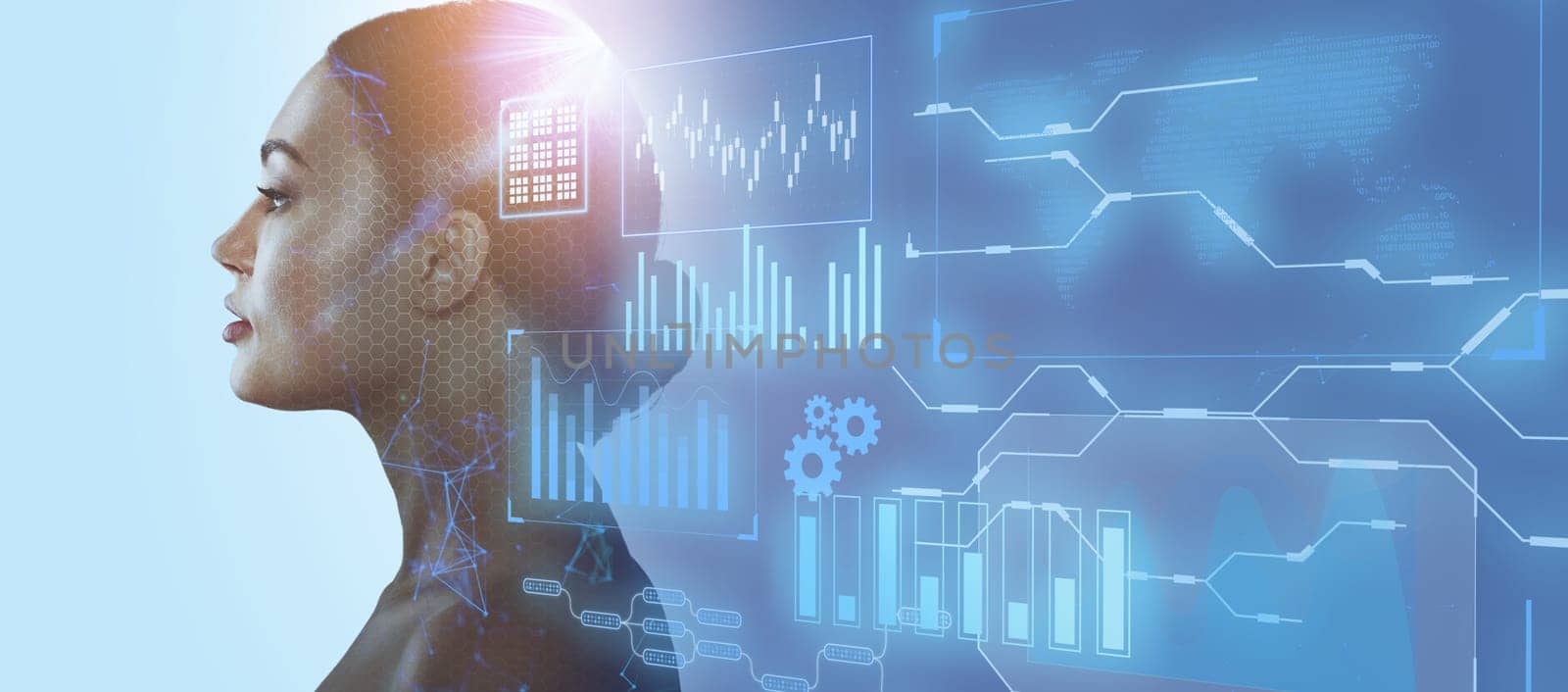 Silhouette of a woman on a blue background. Artificial intelligence and neural networks concept background