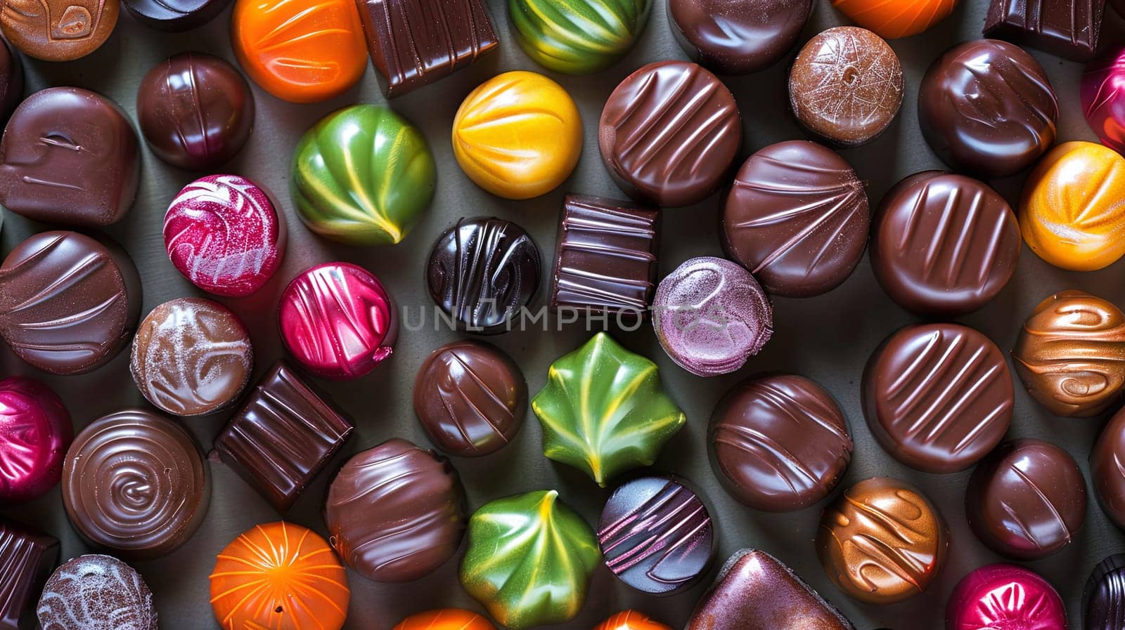 Many different types of colorful chocolates with shiny wrappers spread out, showcasing a variety of flavors and textures.