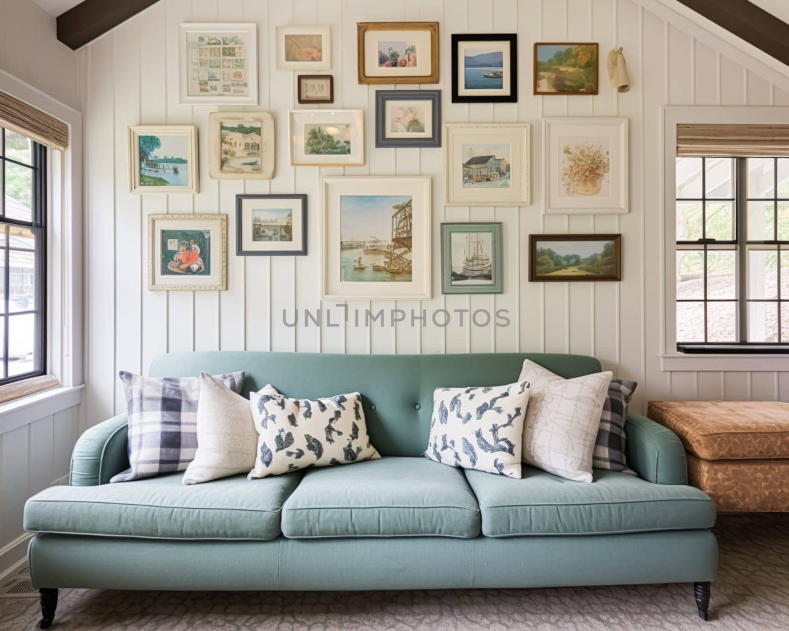 Living room gallery wall, home decor and wall art, framed art in the English country cottage interior, room for diy printable artwork mockup and print shop idea