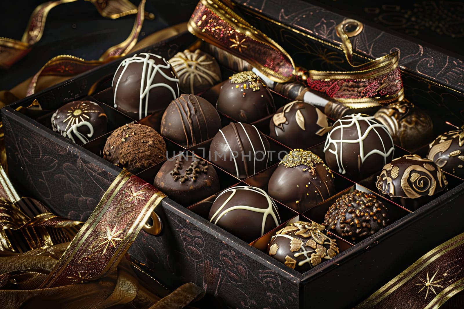 Elegant box of chocolate truffles adorned with rich dark ribbon.