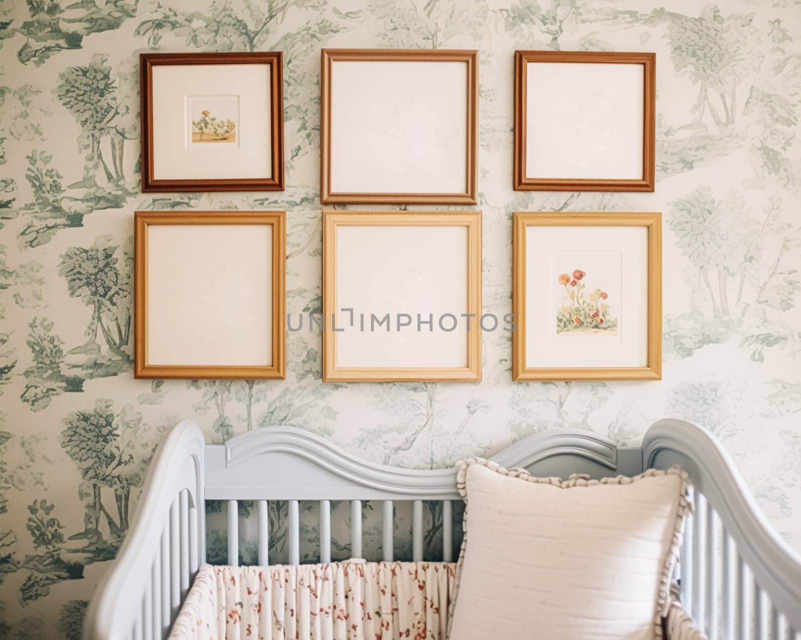 Nursery gallery wall, home decor and wall art, framed art in the English country cottage interior, room for diy printable artwork mockup and print shop idea