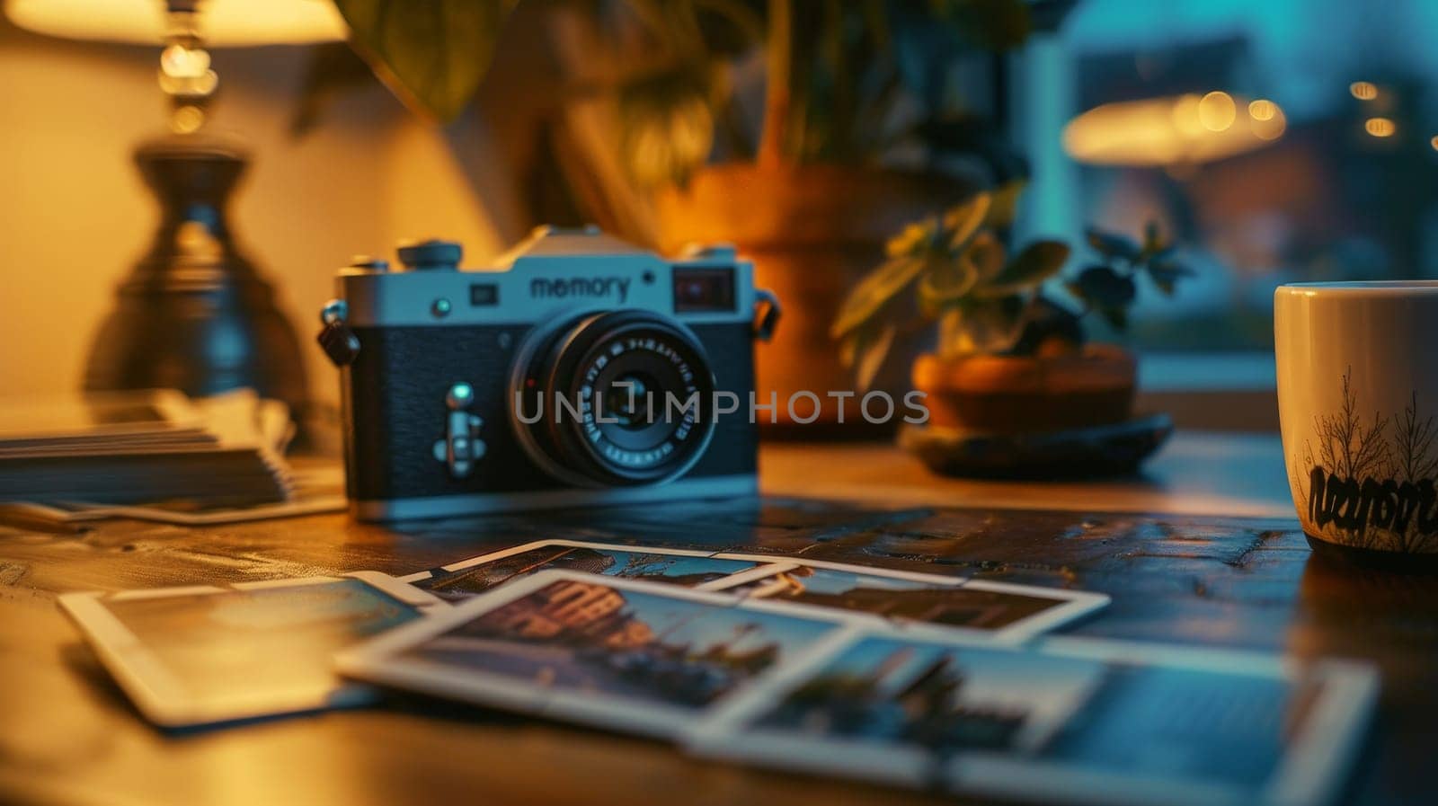 A camera sits on a table with a pile of postcards, The best photography memories.