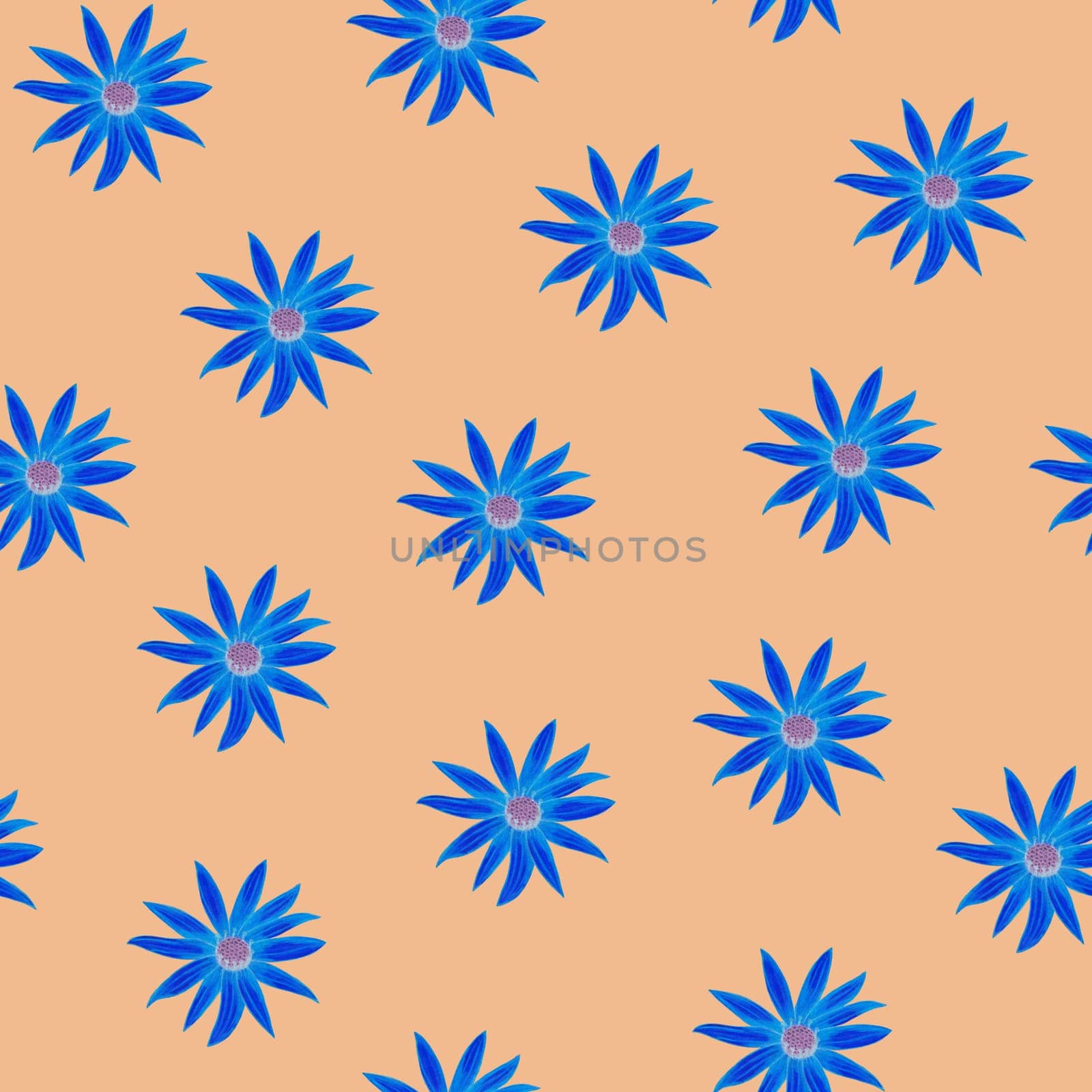 Daisy Blue Flower Seamless Pattern. Hand Drawn Floral Digital Paper on Pink Background.