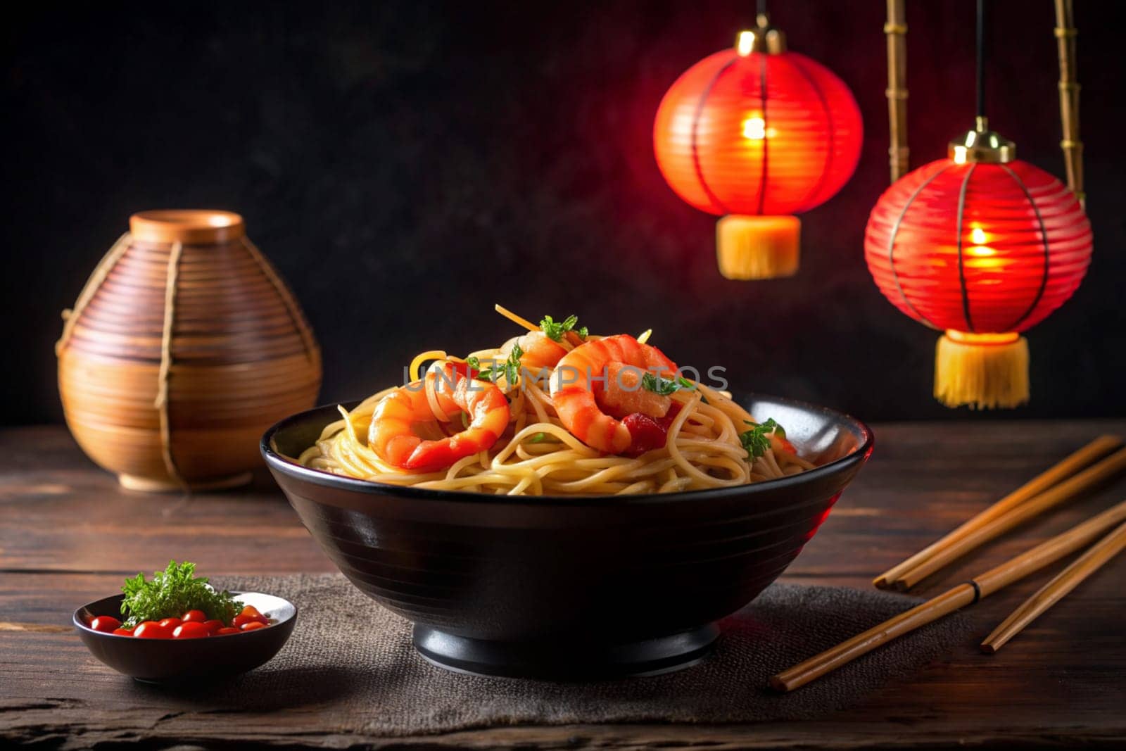 Spicy stir-fried noodles with shrimp in a black bowl on a wooden background in Asian style. Ai generated image