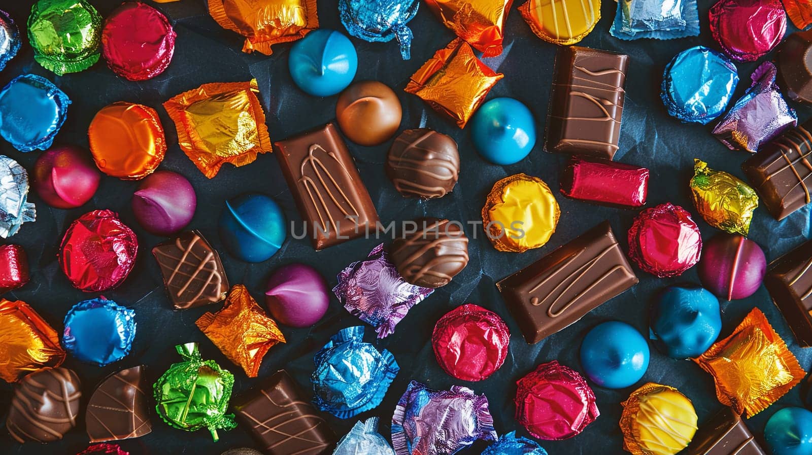 Various types of vibrant, shiny candies filling a table, creating a colorful display.