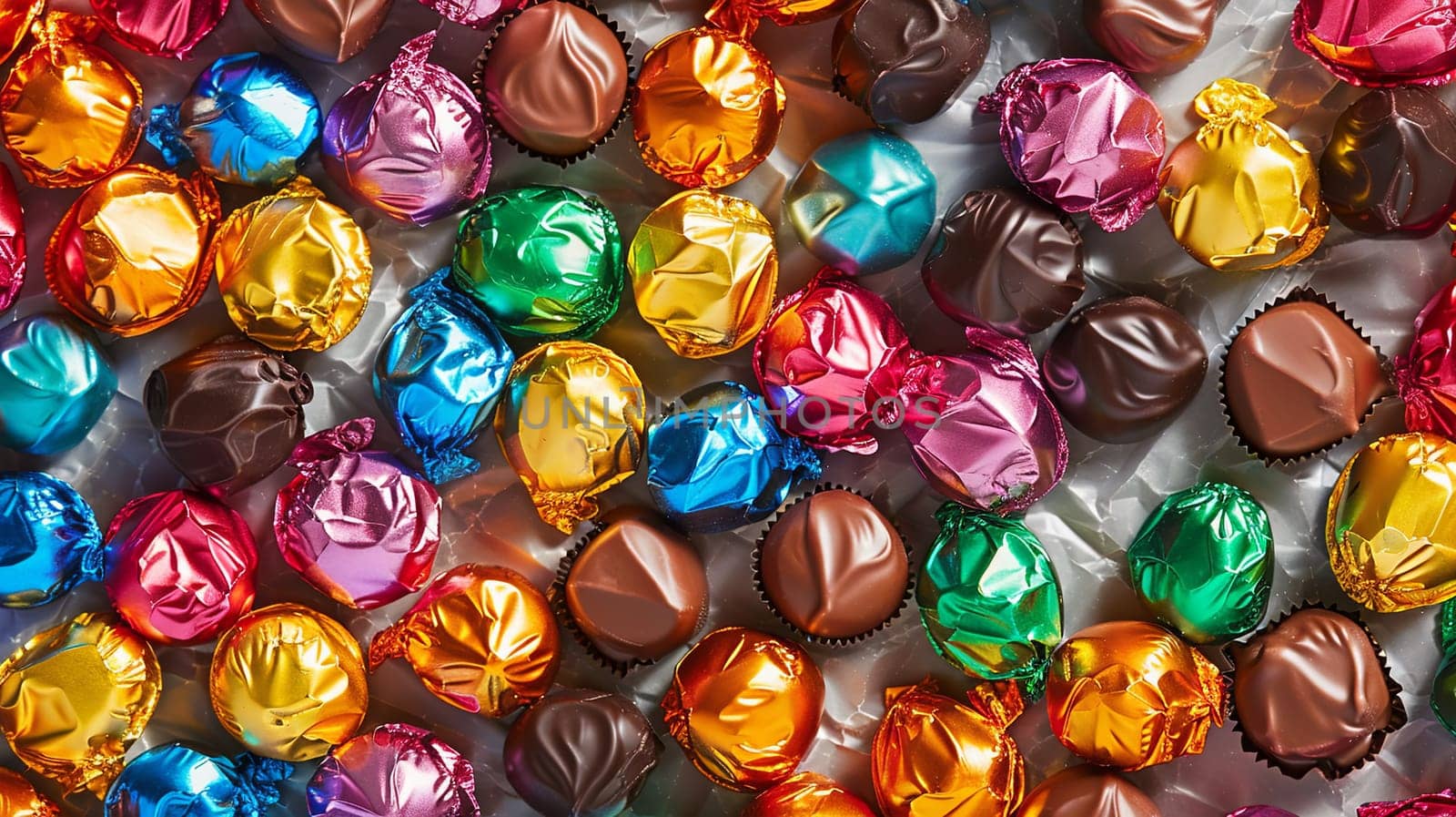 Close up view of vibrant and shiny assorted chocolates in various colors spread out.