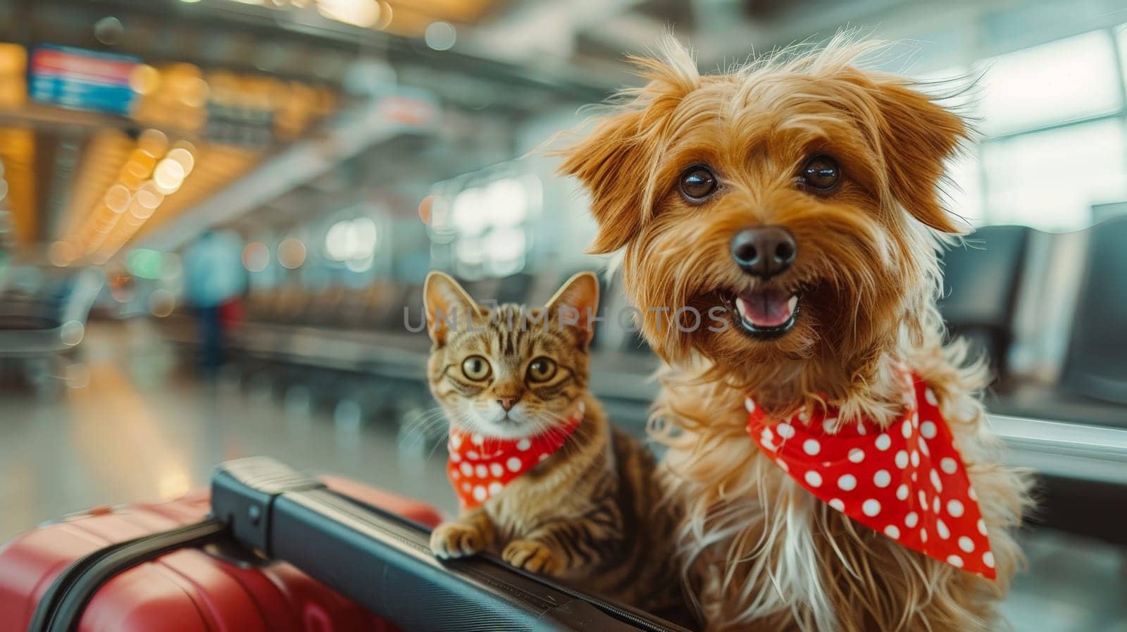 Traveling Pets, Dog and Cat Together at the Airport, Adorable and Heartwarming Design.