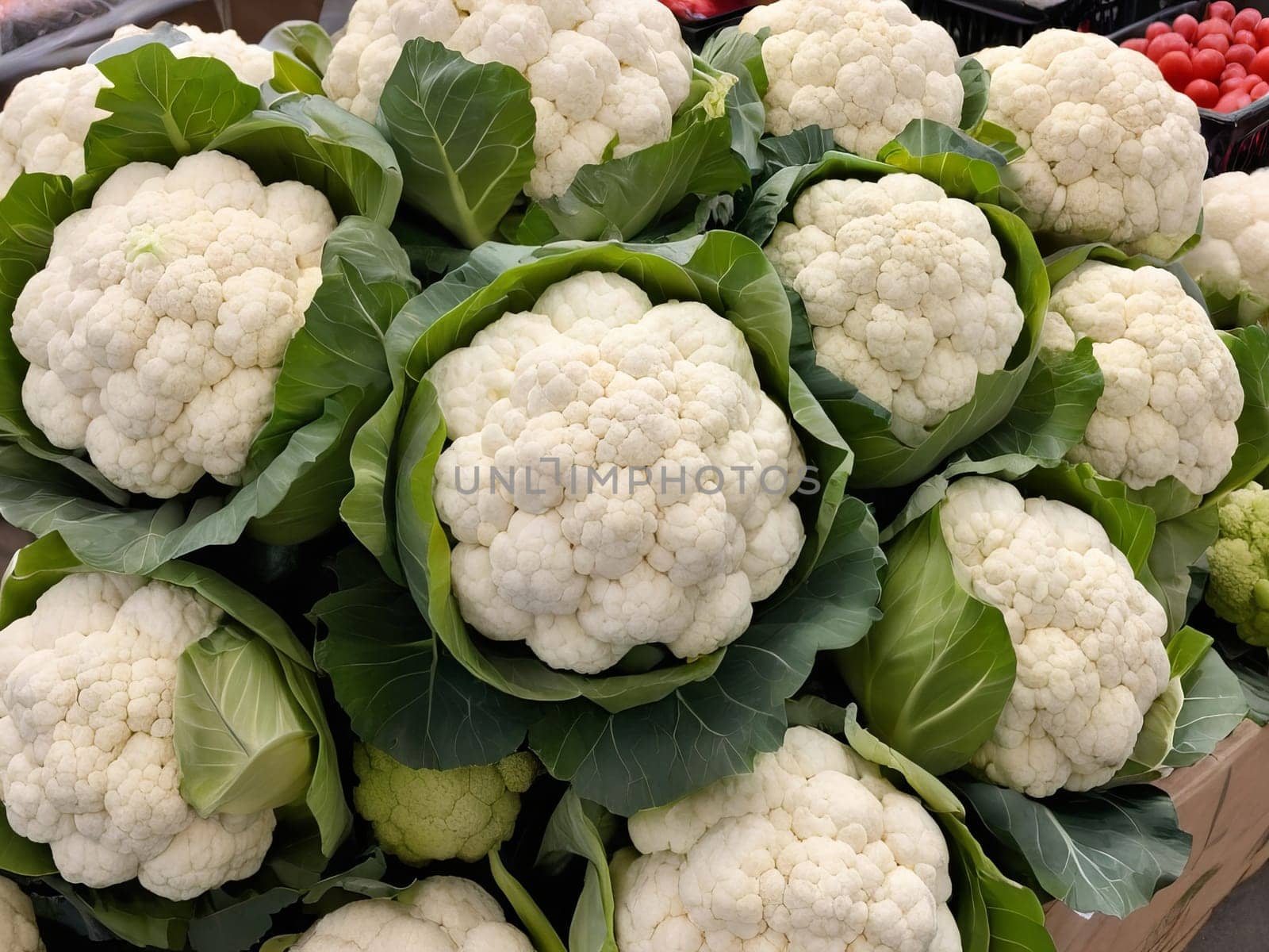 A vibrant display of fresh organic cauliflower at a local farmer's market, showcasing the natural beauty of the vegetable and the vibrant atmosphere of the market