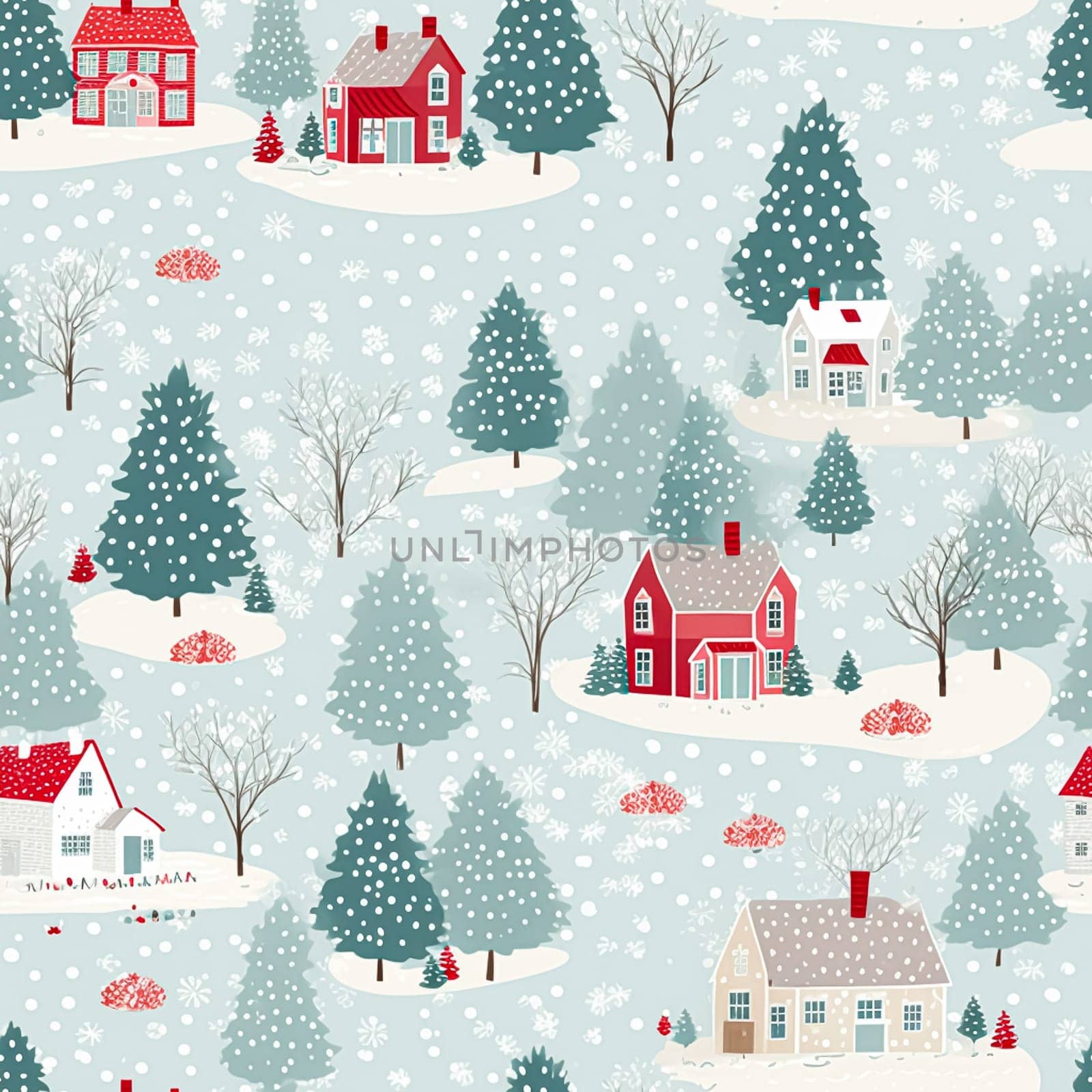 Seamless pattern, tileable winter country cottage print for wallpaper, Christmas wrapping paper, scrapbook, fabric and product design inspiration