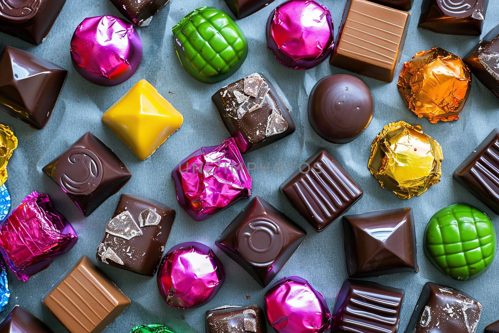 Assorted colorful chocolate candies spread out on a table, showcasing vibrant colors and shiny wrappers.