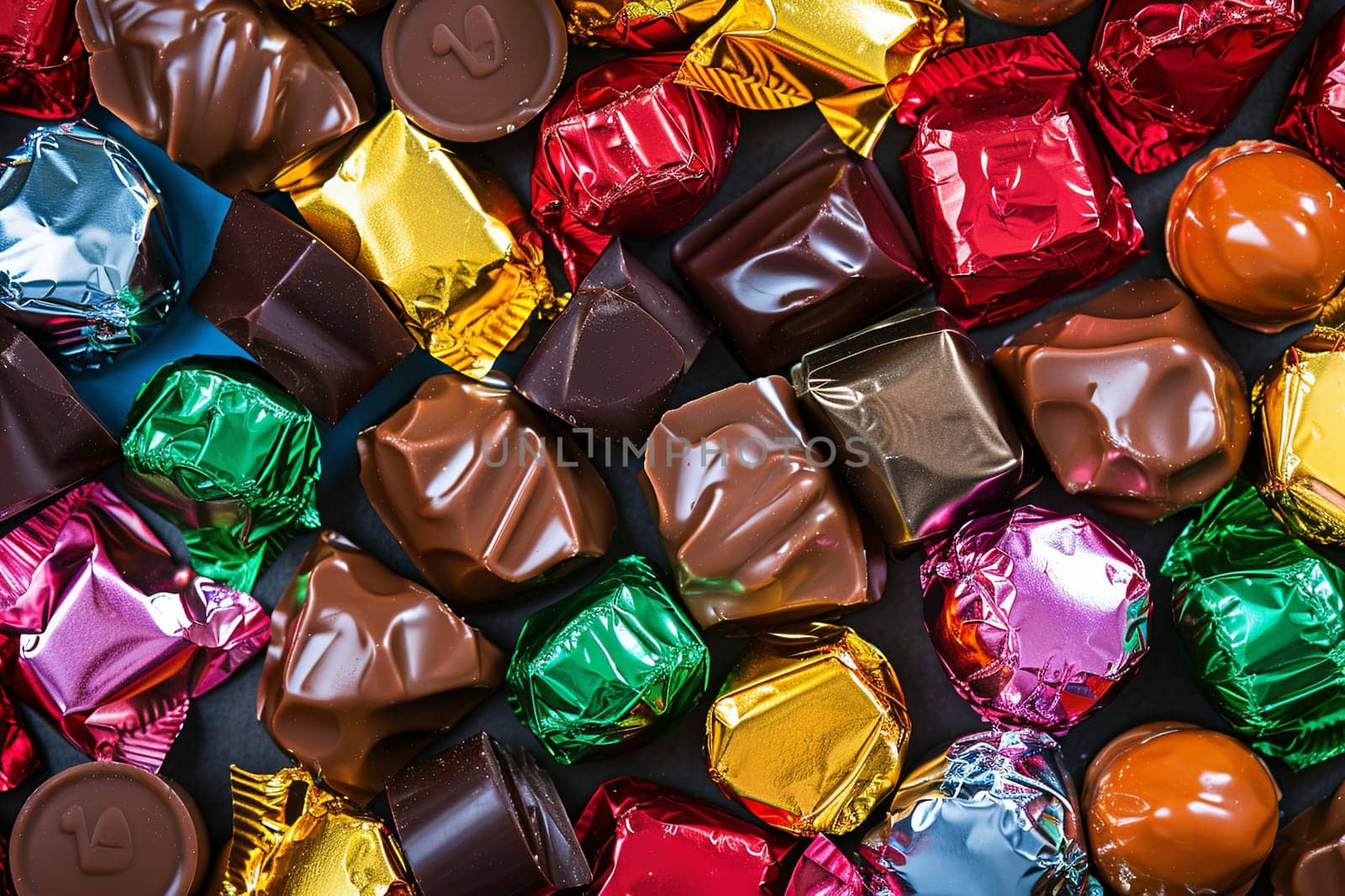 Colorful assorted chocolates stacked on top of each other, with shiny wrappers and vibrant colors.