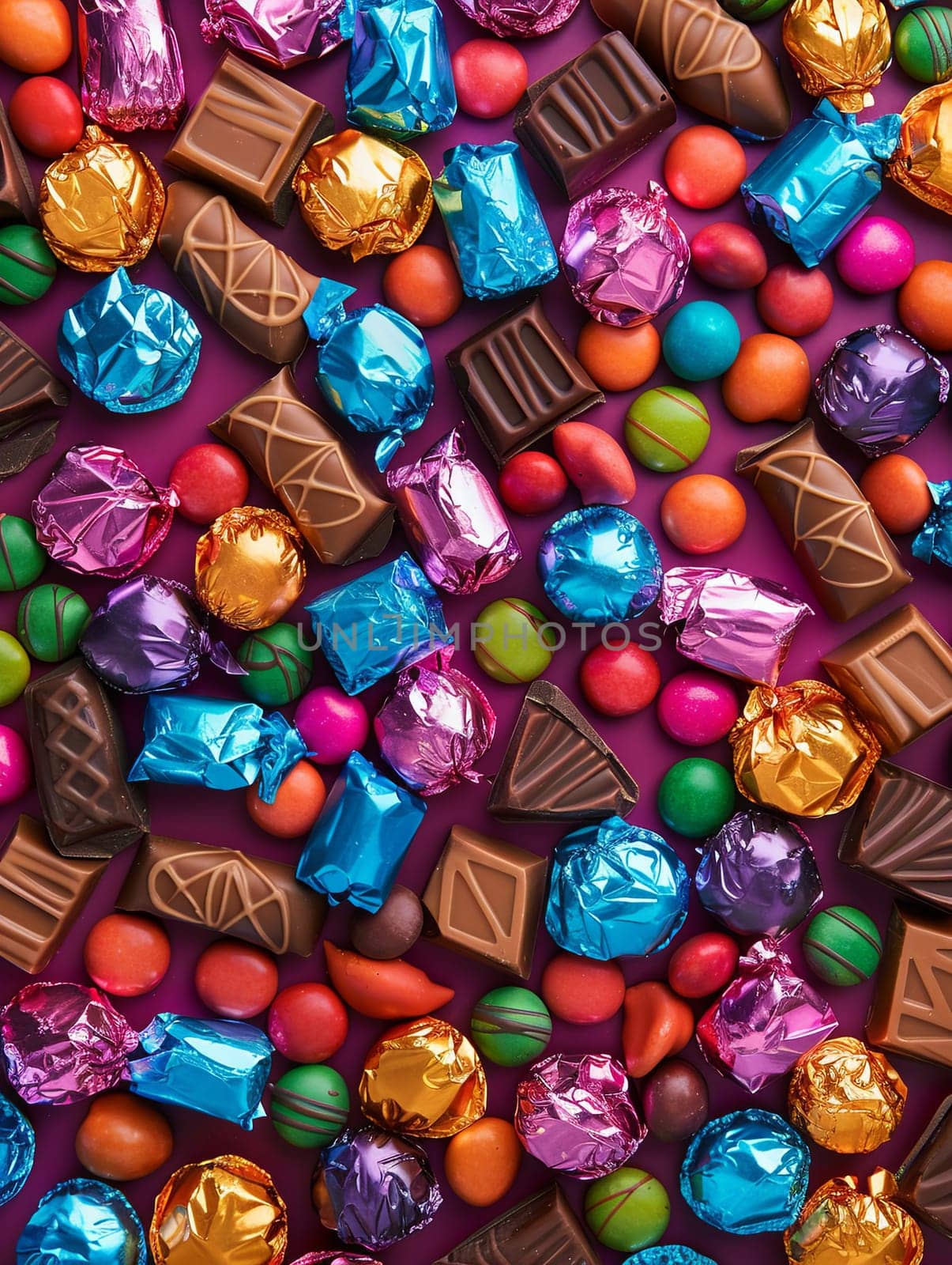 Various colorful chocolate candies with shiny wrappers scattered on a purple background.