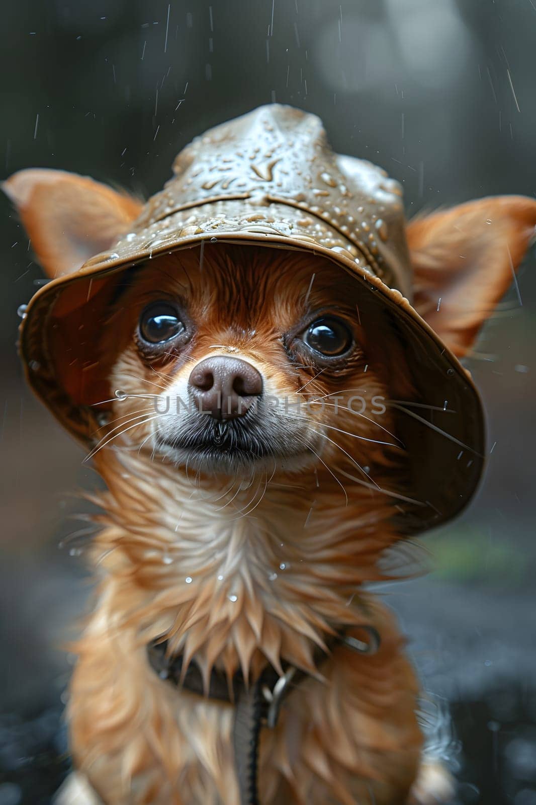 The fawncolored carnivore, a small dog breed, bravely wore a hat in the rain. Its livercolored ears and whiskers got wet as it trotted alongside its companion dog in the downpour