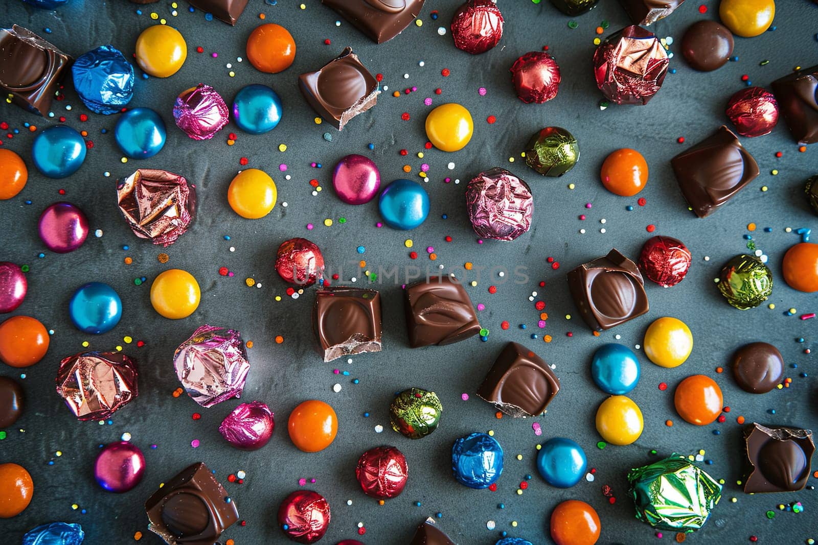 Diverse assortment of shiny wrapped chocolates and sweets covering a table.