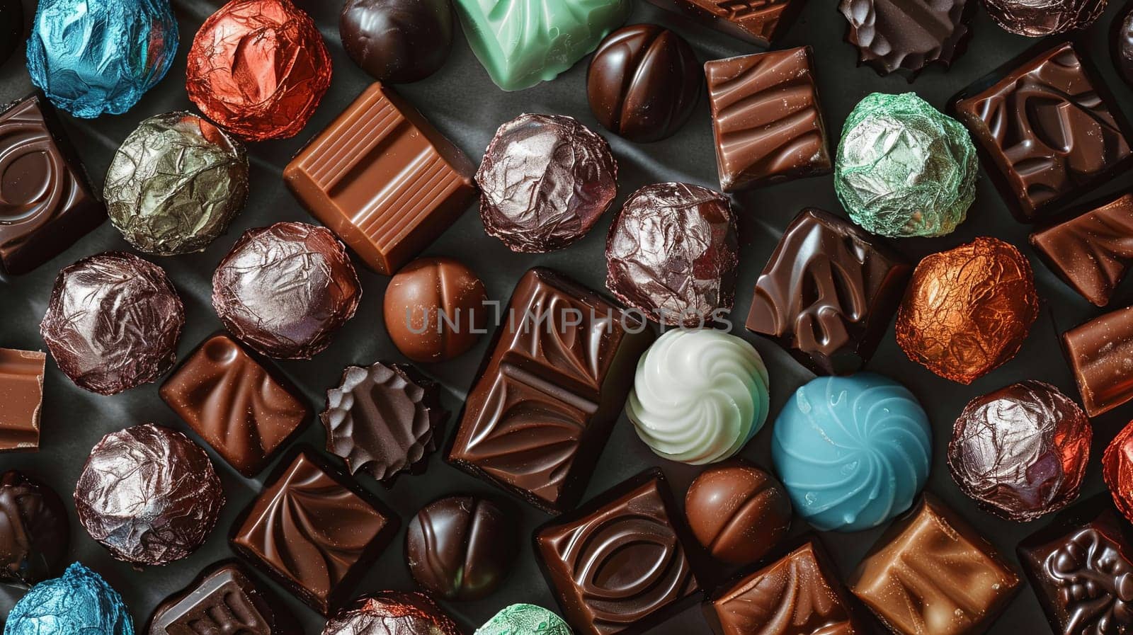 Assorted chocolates in vibrant colors and shiny wrappers spread out on a table.