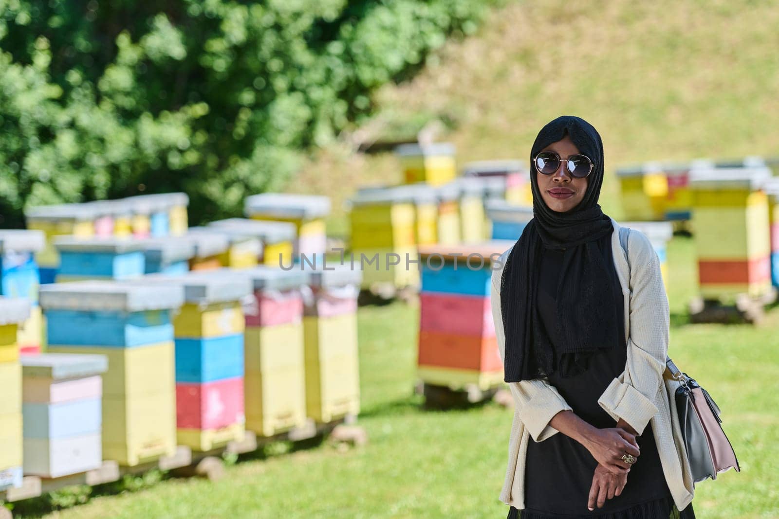 African American Muslim woman in hijab explores natural bee farms for honey production, blending tradition with sustainability in the serene countryside.