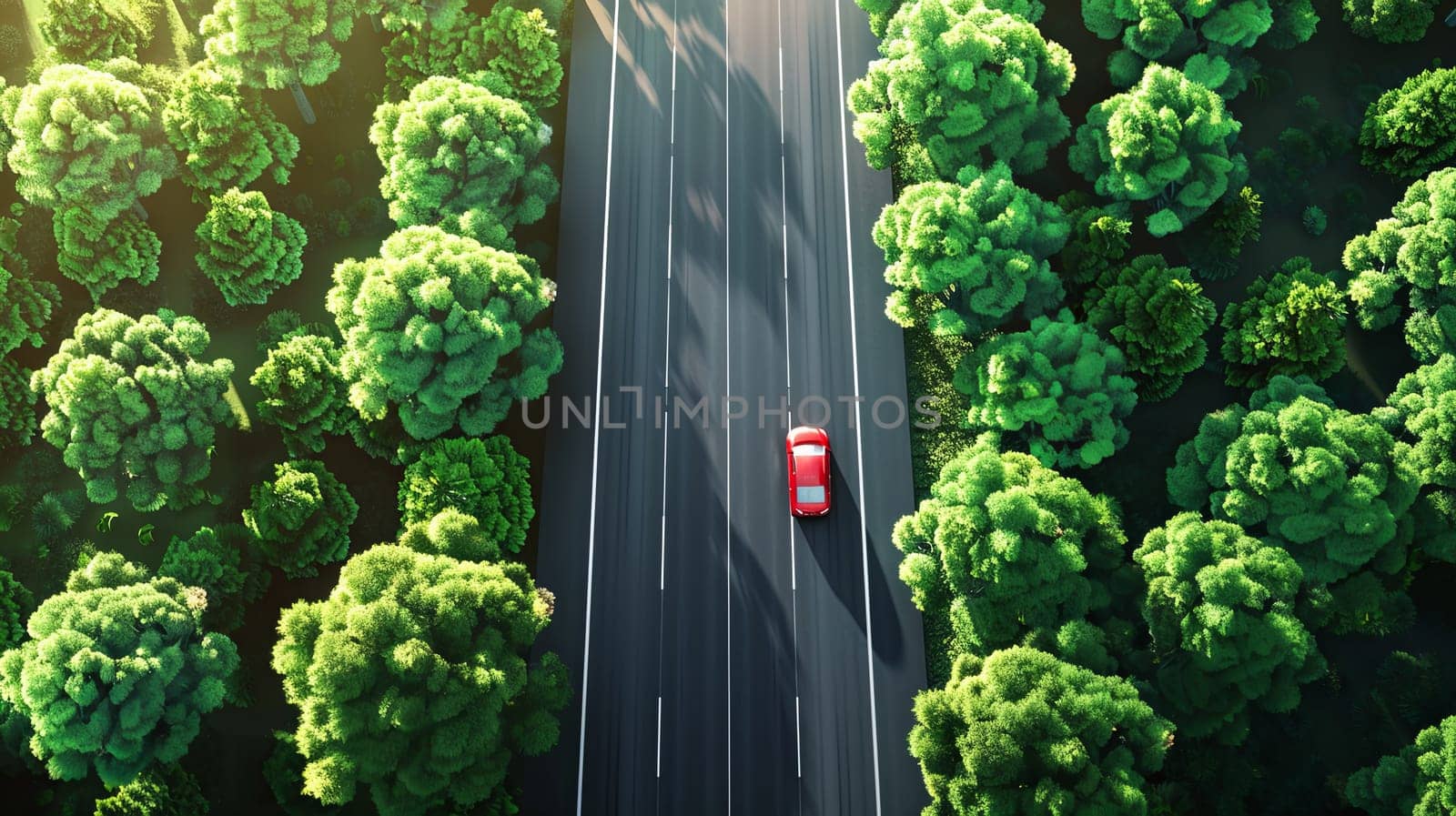 A red car drives on a road surrounded by green trees in a forested area.