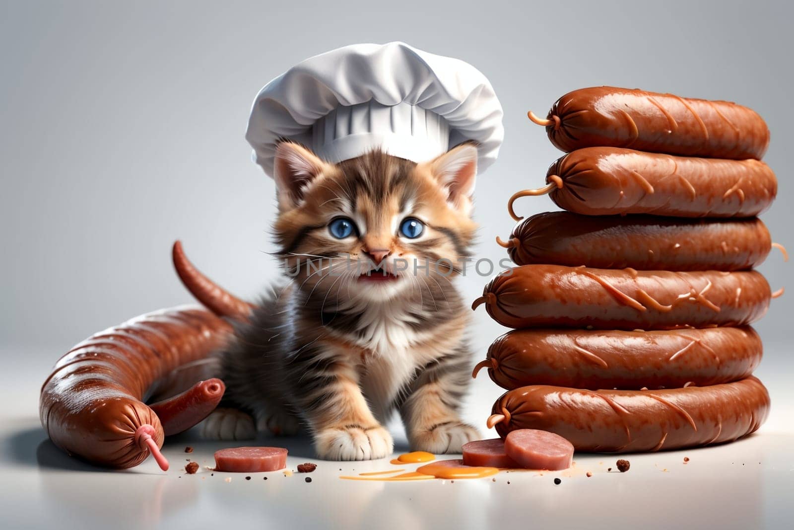 cute cat in a chef's hat with cooked meat sausage .