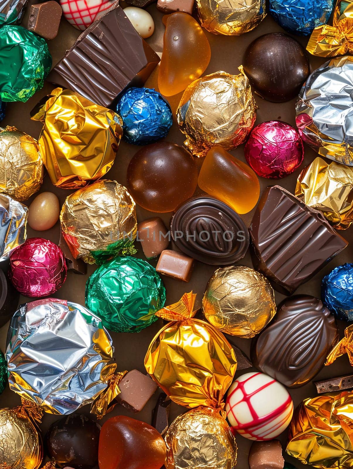 Various types of colorful chocolate candies spread out on a table, showcasing vibrant colors and shiny wrappers.