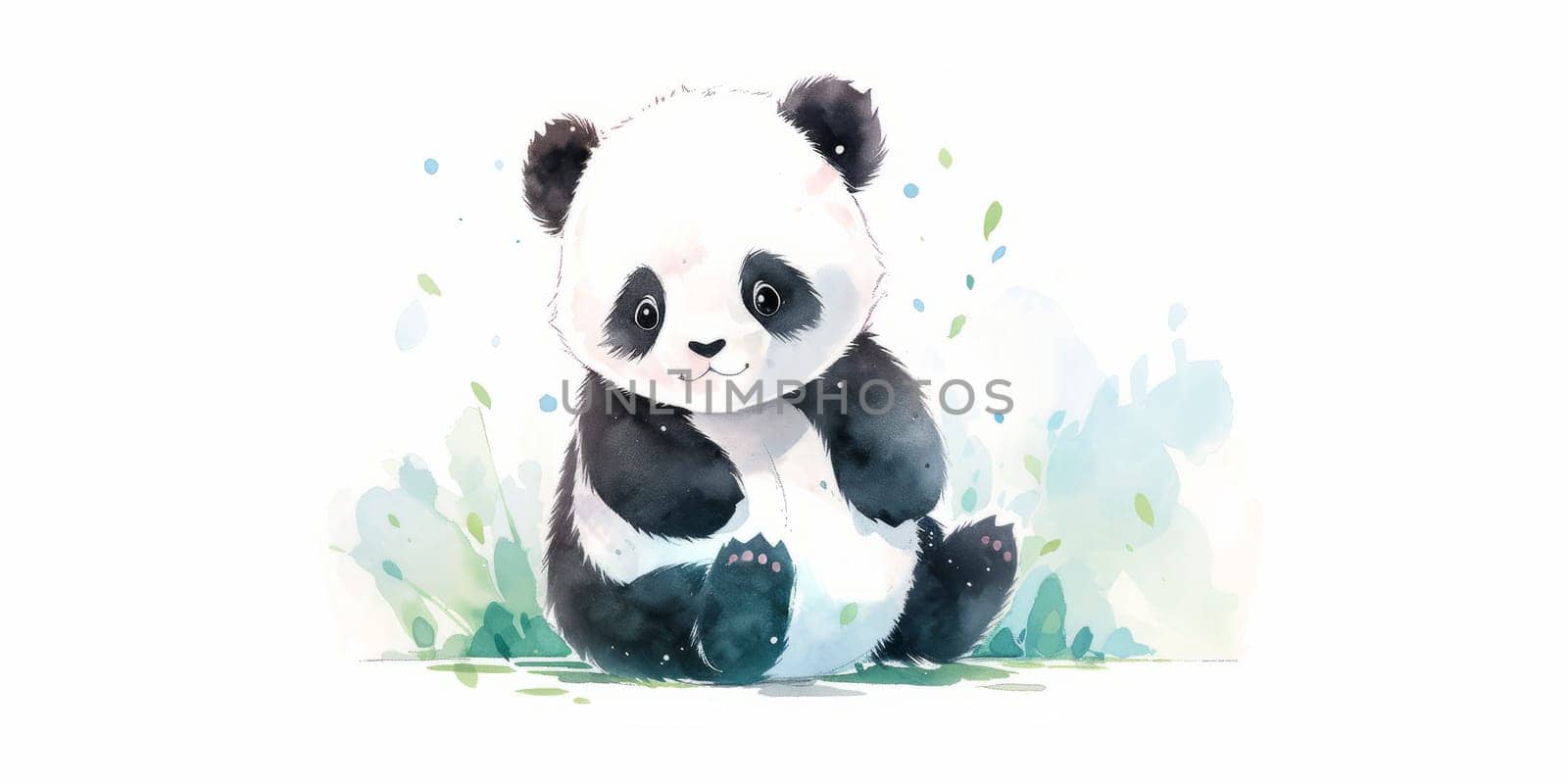 Cute kawaii baby panda hand drawn watercolor illustration. by Artsiom