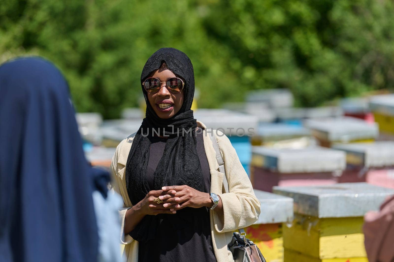 African American Muslim woman in hijab explores natural bee farms for honey production, blending tradition with sustainability in the serene countryside.