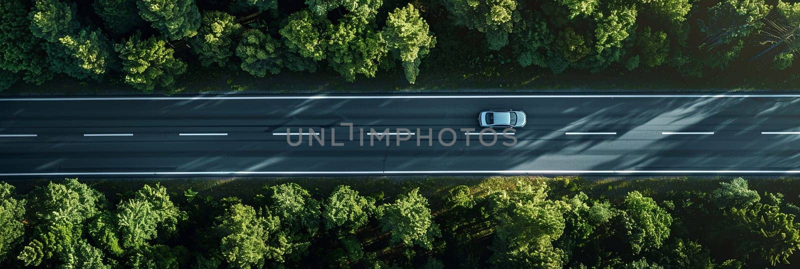 A car drives along a road surrounded by tall trees in a lush green forest.