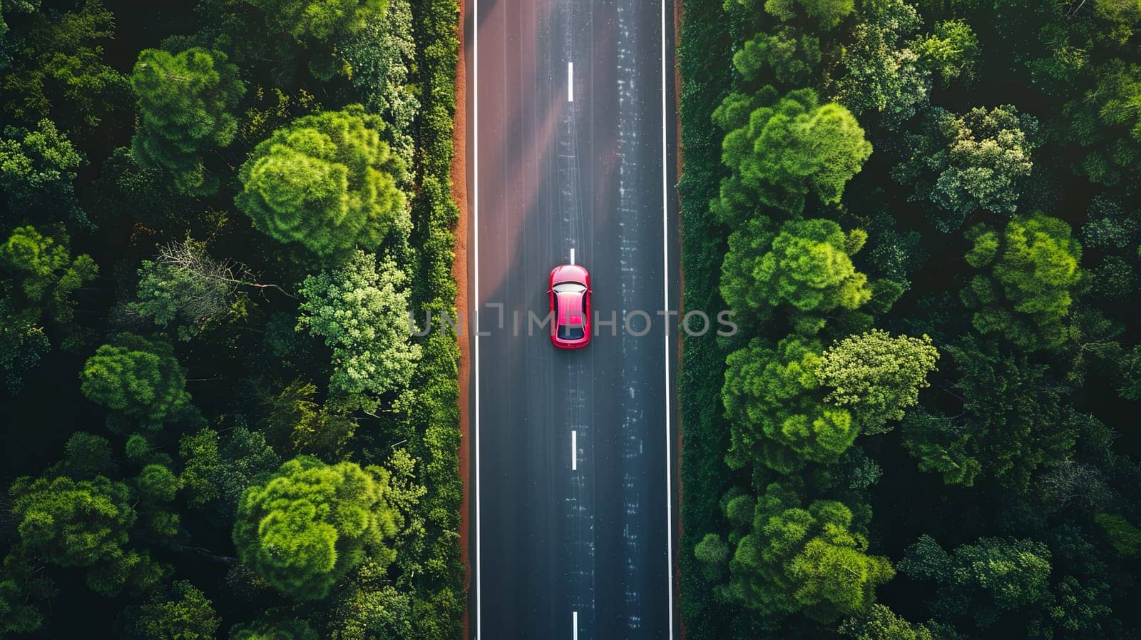 Red car driving down a road, seen from above. Green forest on the sides of the highway.