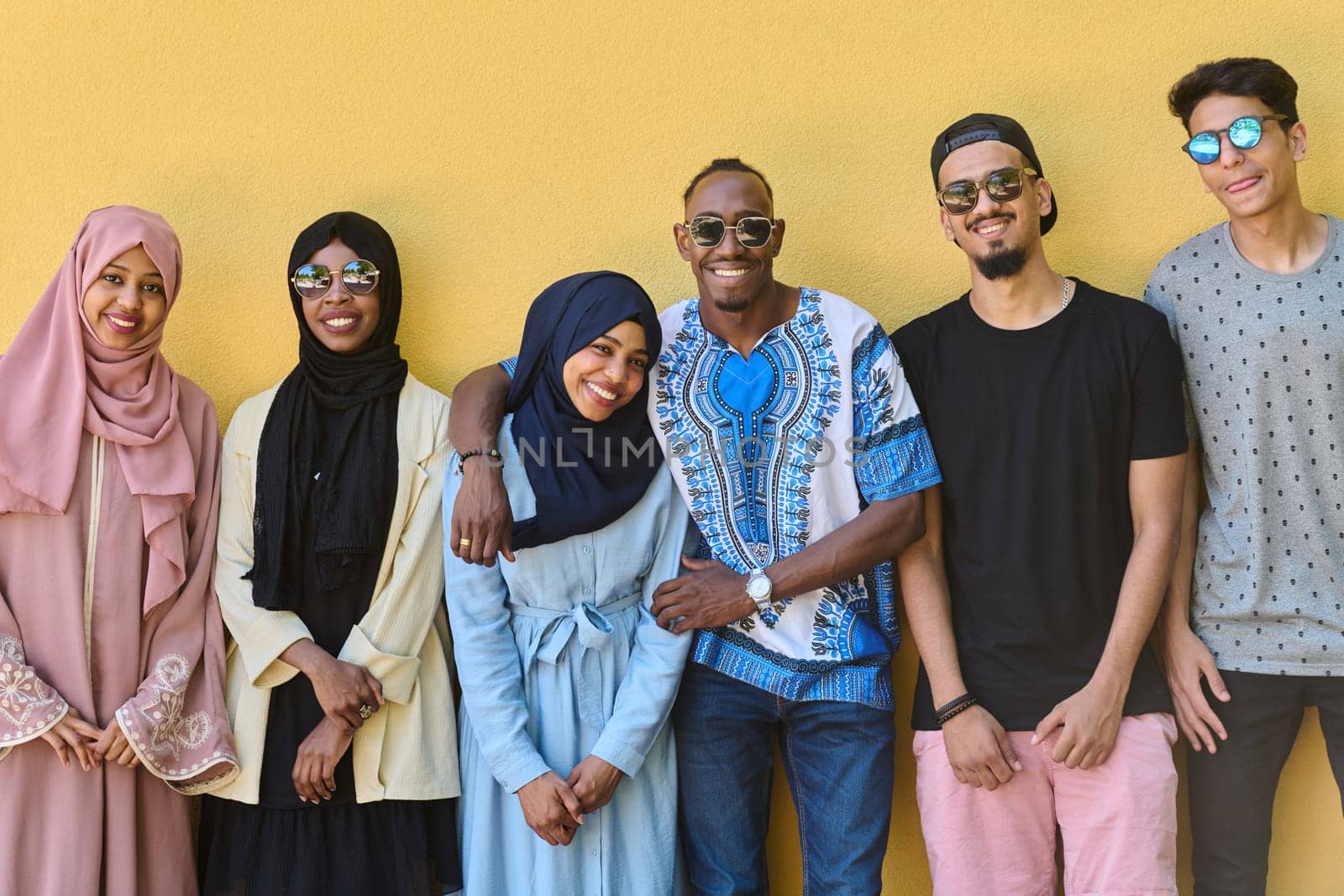 A diverse group of African-American and Middle Eastern teenagers stand confidently in front of a vibrant yellow wall, showcasing unity and urban style