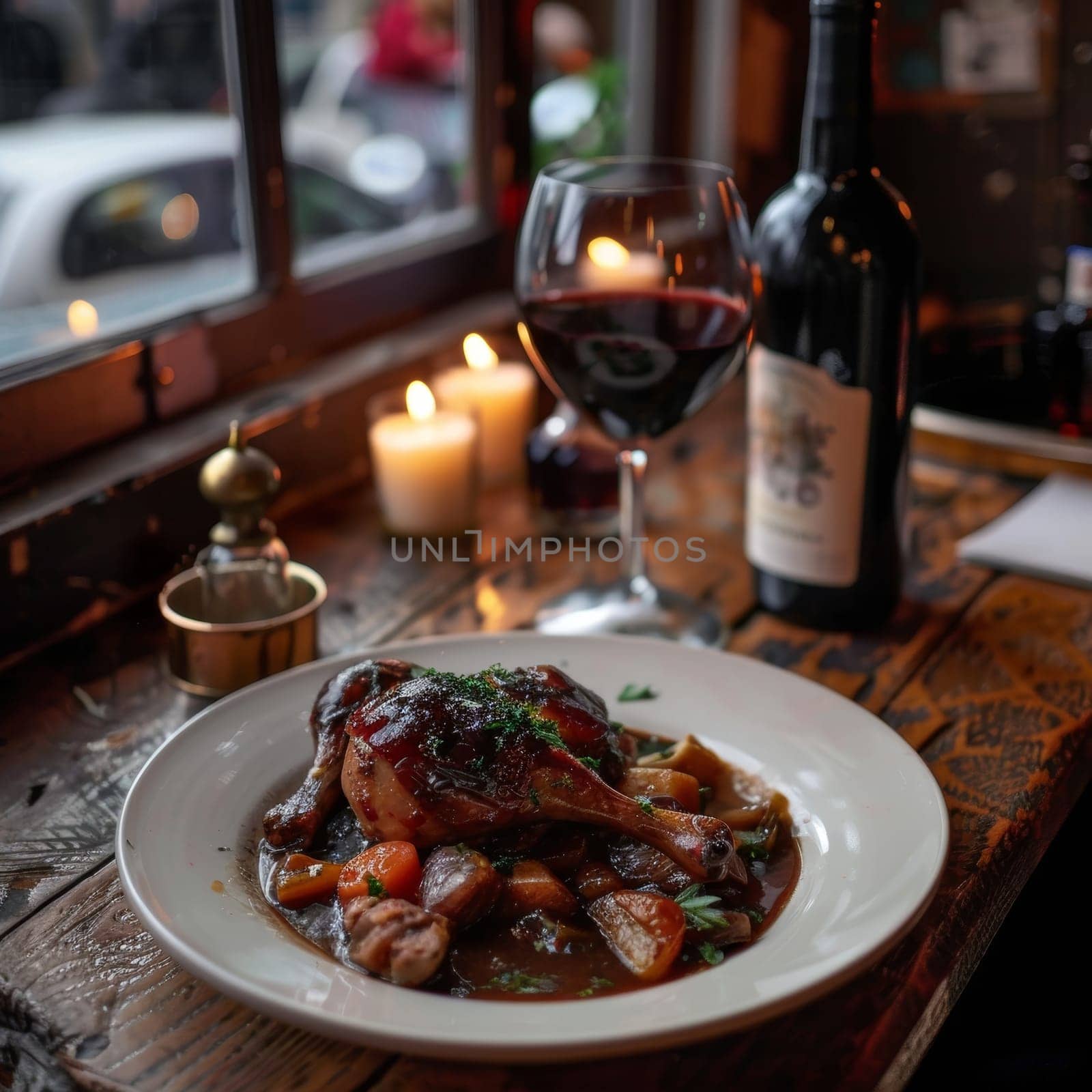 Cozy Candlelit Dinner Scene with Wine.