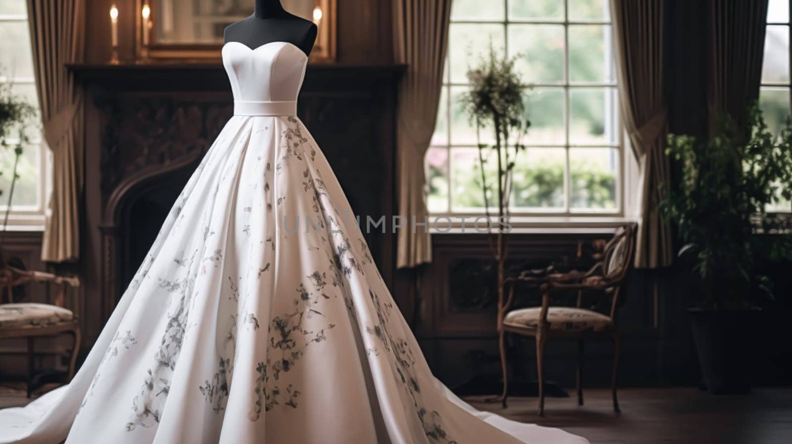 Wedding drees, bridal gown style and bespoke fashion, full-legth white tailored ball gown in showroom, tailor fitting, beauty and wedding inspiration