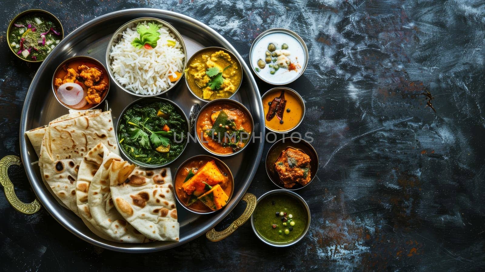 Vibrant Indian Thali Platter with Diverse Curries and Sides with Copy Space for Text.