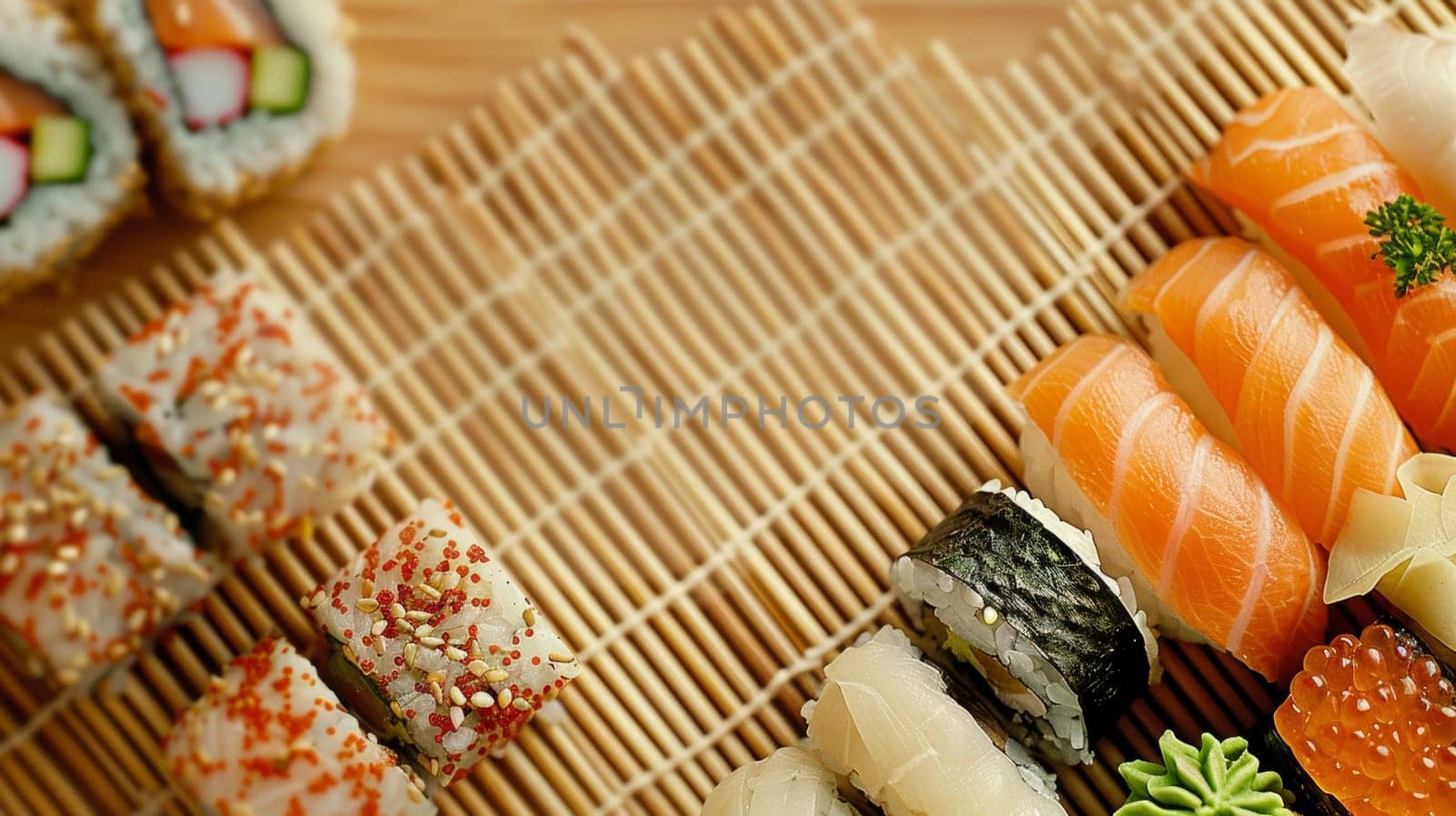 Vibrant Sushi Platter on Bamboo Mat with Copy Space for Text by sfinks