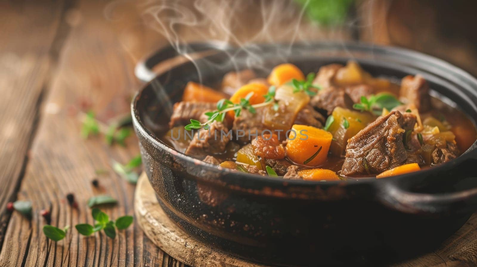 Steaming Hot Beef Stew with Vegetables with Copy Space for Text.