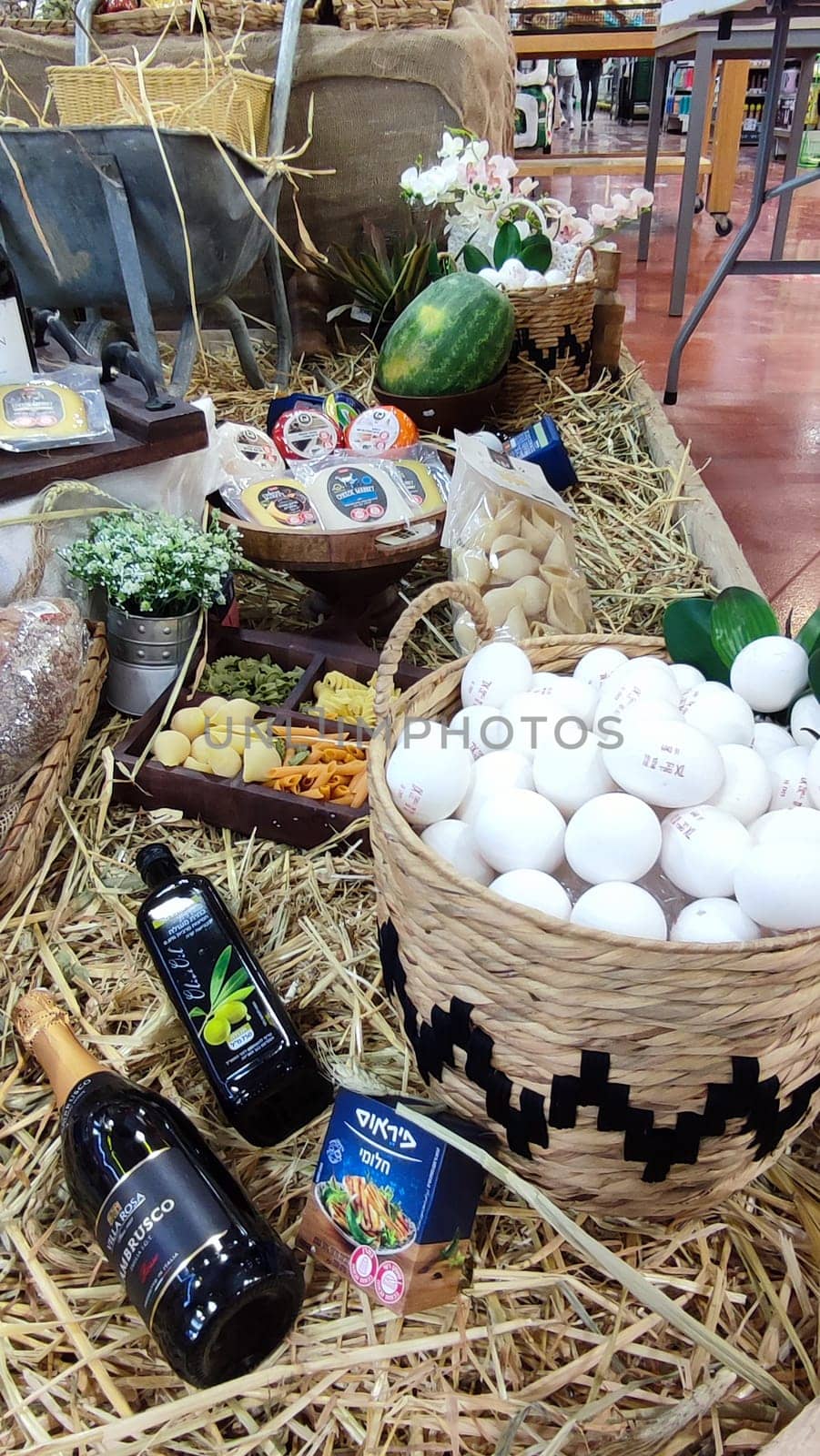 Beer Sheva Negev Israel May 7, 2023 - a set of products for the Israeli holiday of Shavuot in the food supermarket. High quality photo