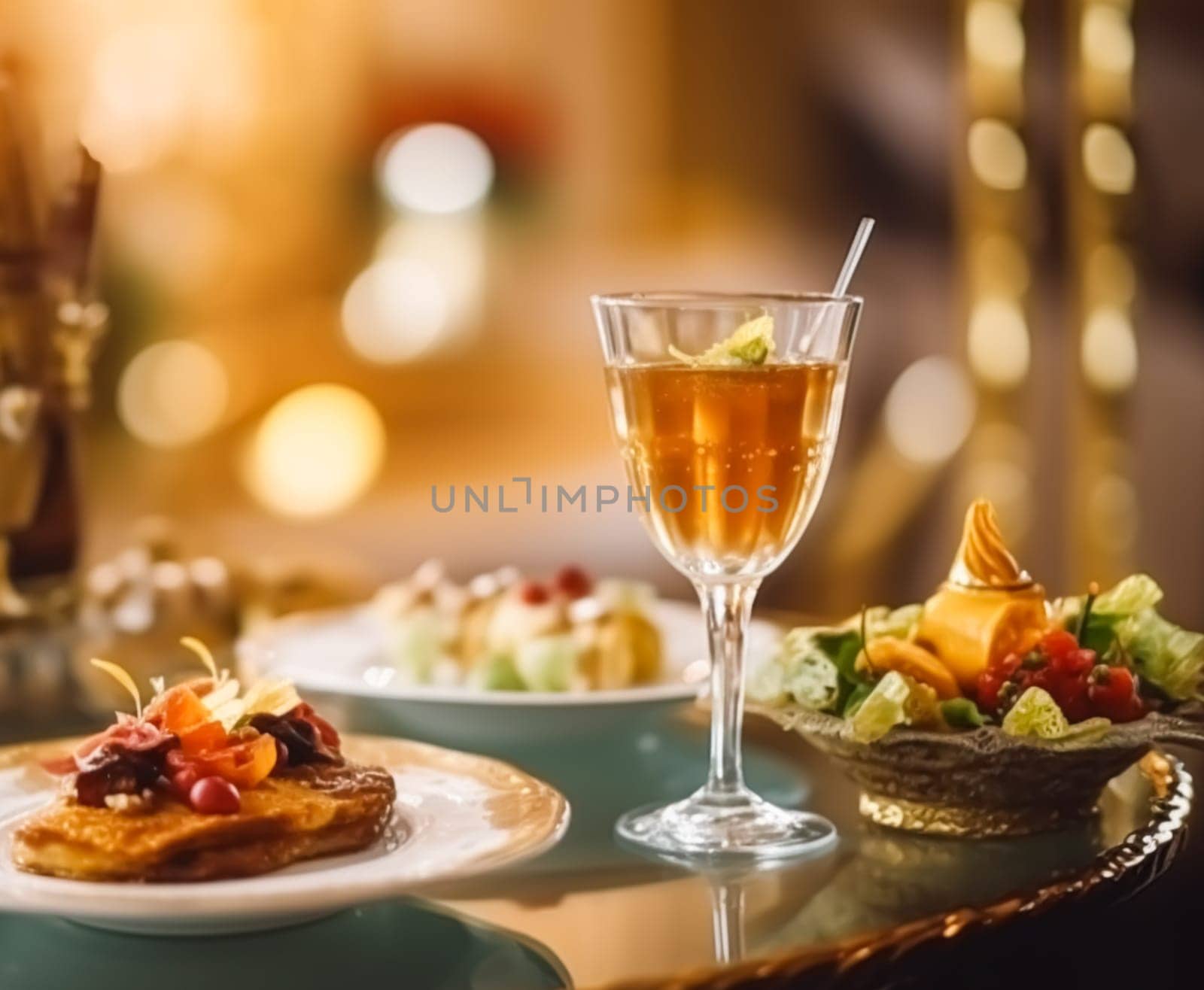 Luxury food service, appetisers and desserts served at a restaurant or formal dinner event in classic English style in the luxurious hotel or country estate, post-processed, generative ai