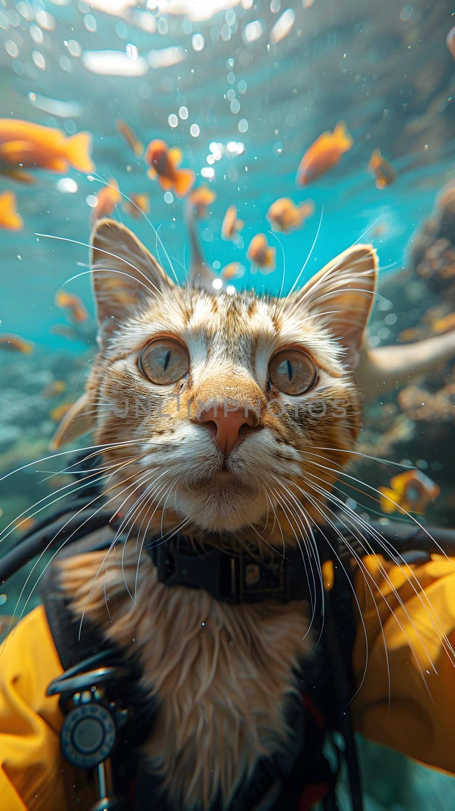 a cat wearing a life jacket is swimming underwater with fish by Nadtochiy