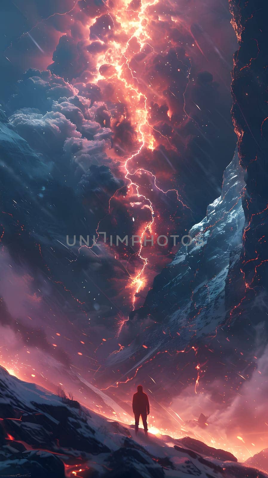 A man stands atop a mountain, observing a lightning storm in the sky. The dramatic display of atmospheric and geological phenomena showcases natures power in the world