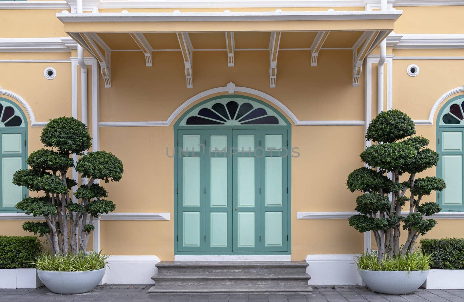 Bangkok, Thailand - May 22, 2024 - Ficus Bonsai Multi Heads in two pots are between the green door entrance, Colonial architectural style in front of Pum Tain Pra Sit Building. Archaeological site, Space for text, Selective focus.