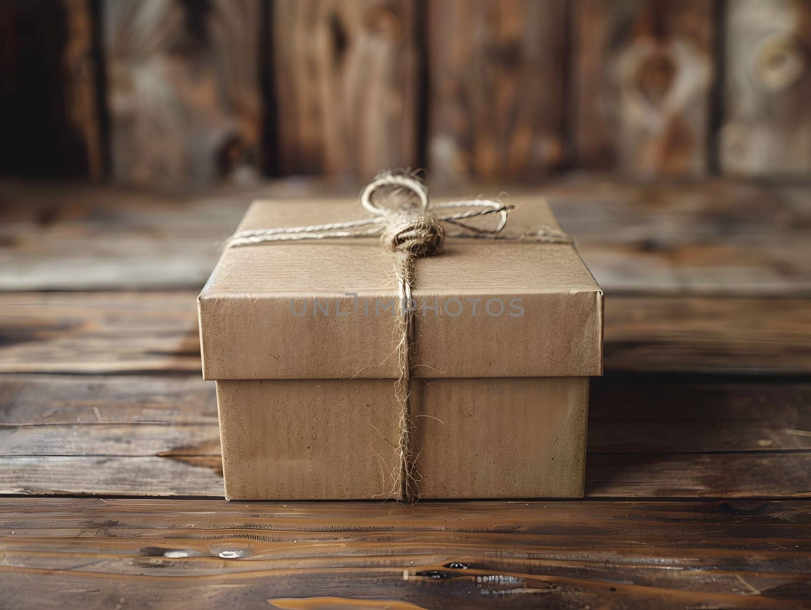 A rectangular brown box with a bow sits atop a wooden table made of hardwood. The tables surface is stained with a dark wood finish, complementing the metal accents on the box