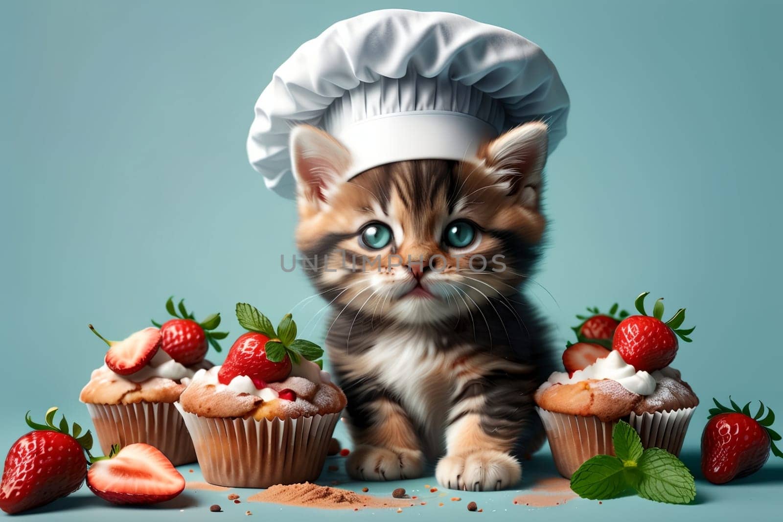 cute cat chef with berry muffins .
