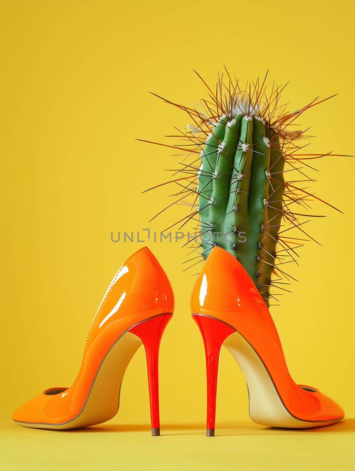 Stylish high heeled shoes with cactus on yellow background fashion and nature contrast in accessory trend