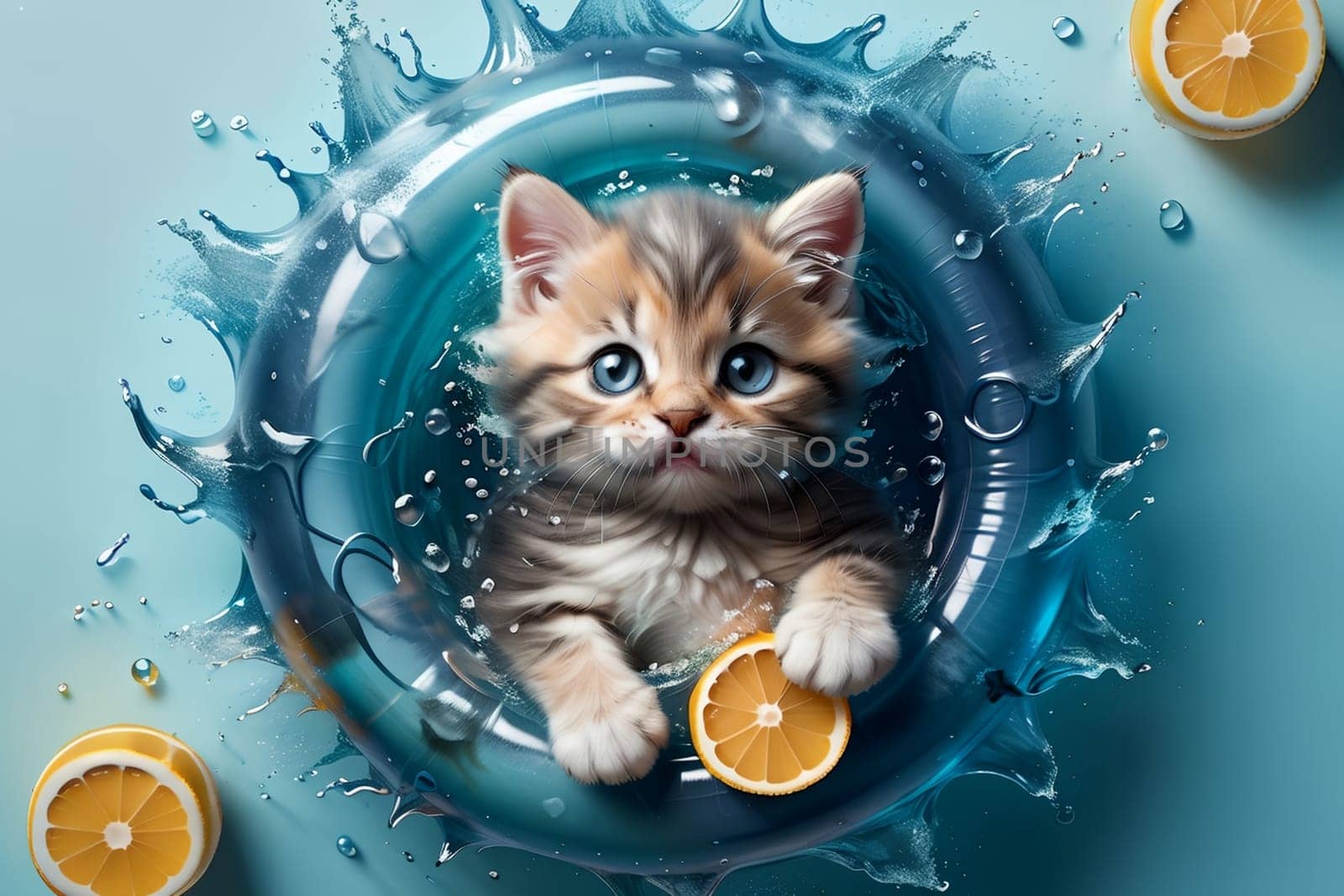 cat in an inflatable ring floats on the sea, top view .