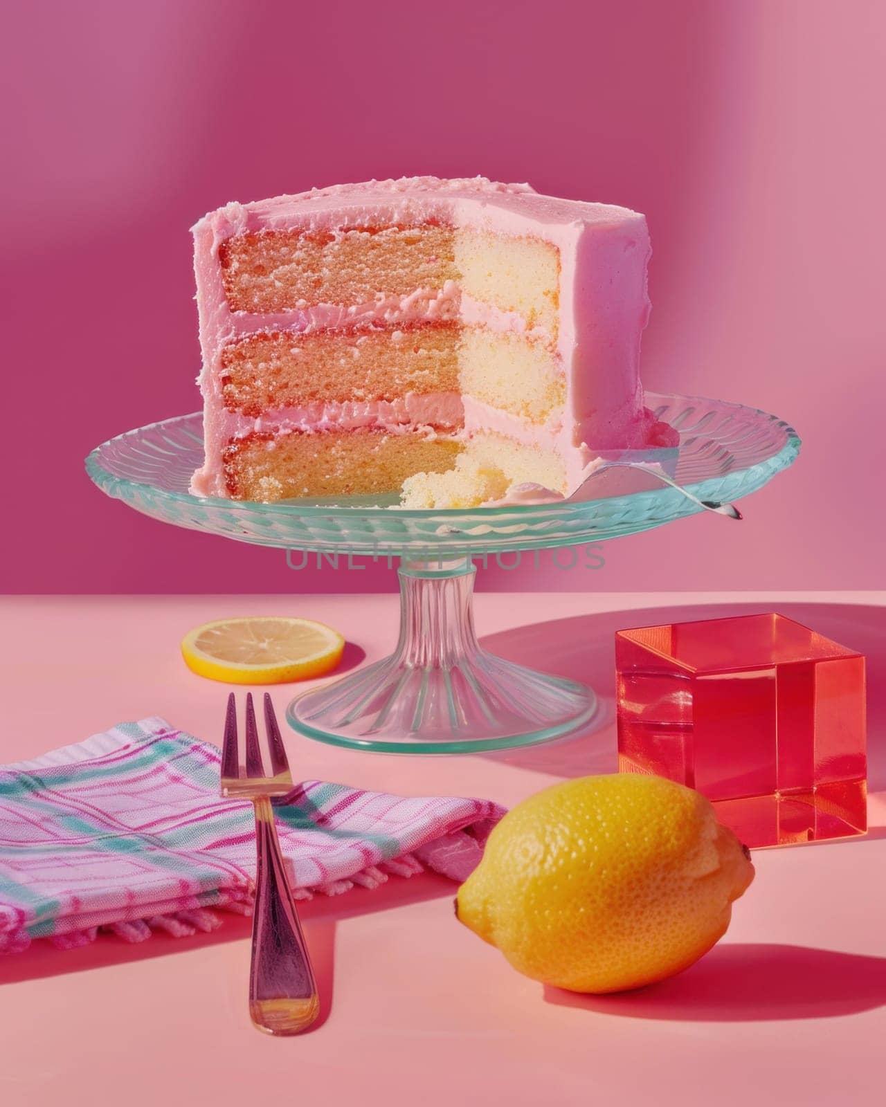 Sweet indulgence slice of pink cake on cake stand with lemon dessert, food, sweet, celebration, delicious, bakery, treat, party, event, pink