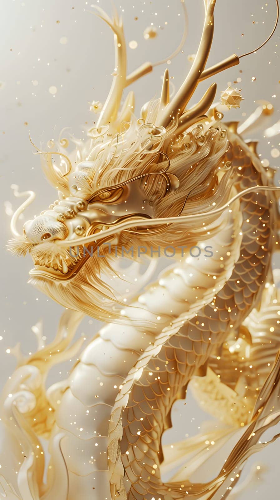 Close up of golden dragon from natural material on white background by Nadtochiy